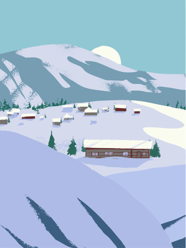 Snowy village nestled in a mountain landscape.