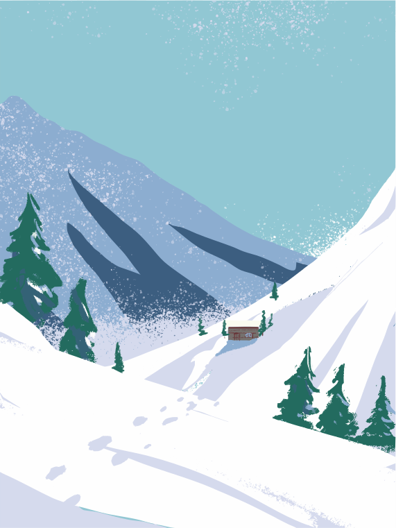 Snowy mountain landscape with a small cabin.
