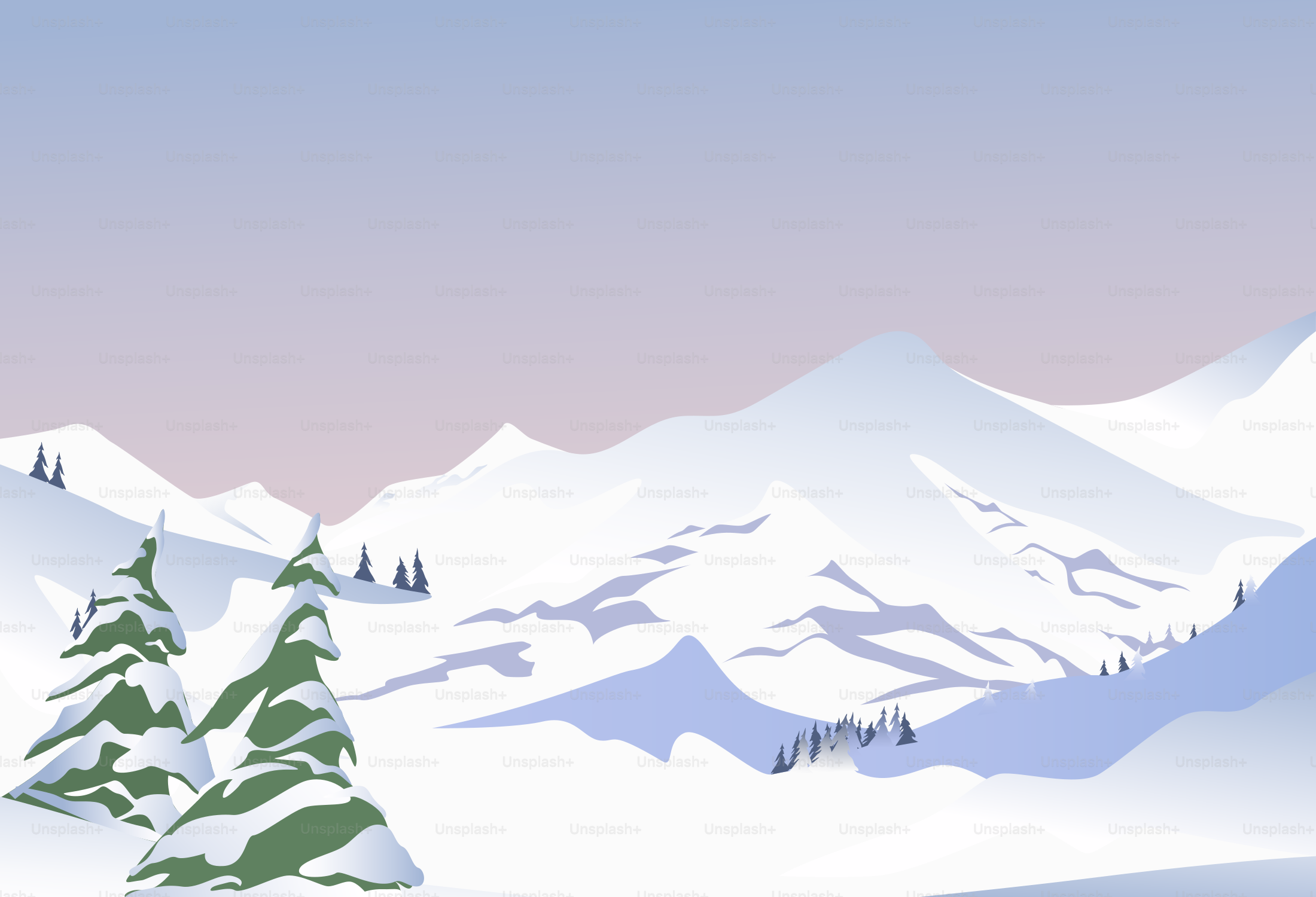 Montagne coperte di neve e alberi sempreverdi sotto un cielo pallido