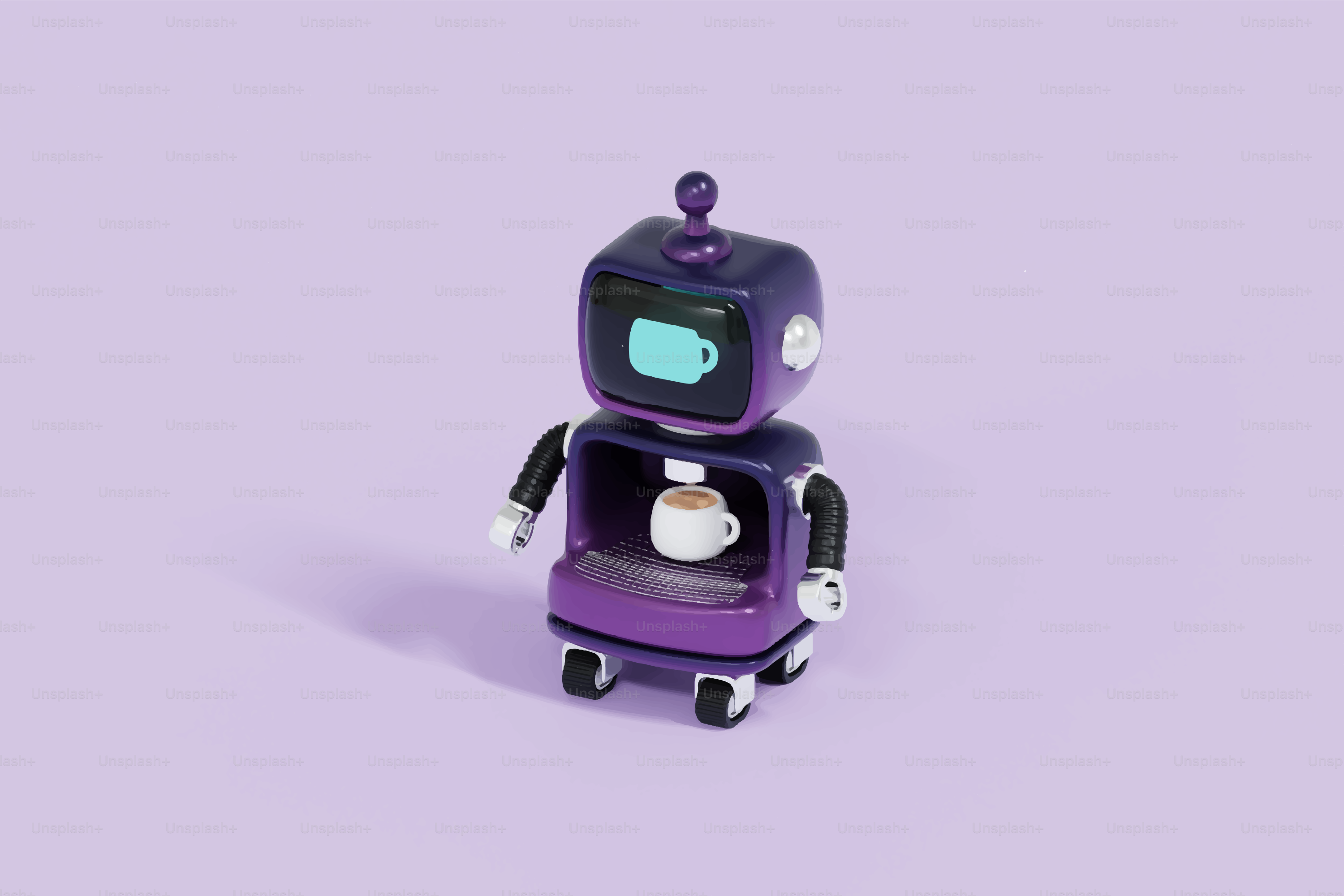 A small purple robot serving a cup of coffee