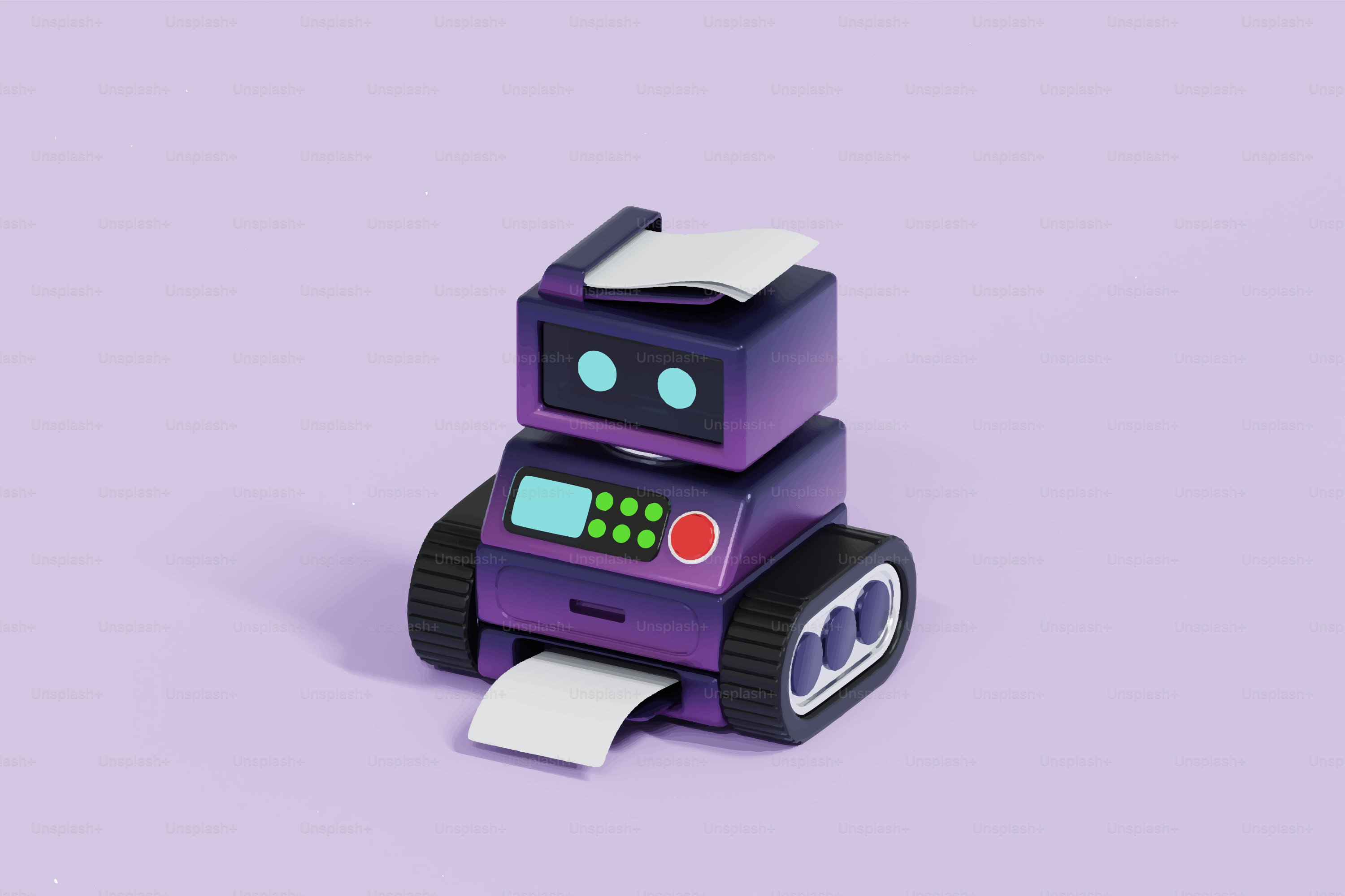 Ein kleiner lila Roboter-Drucker auf hellviolettem Hintergrund