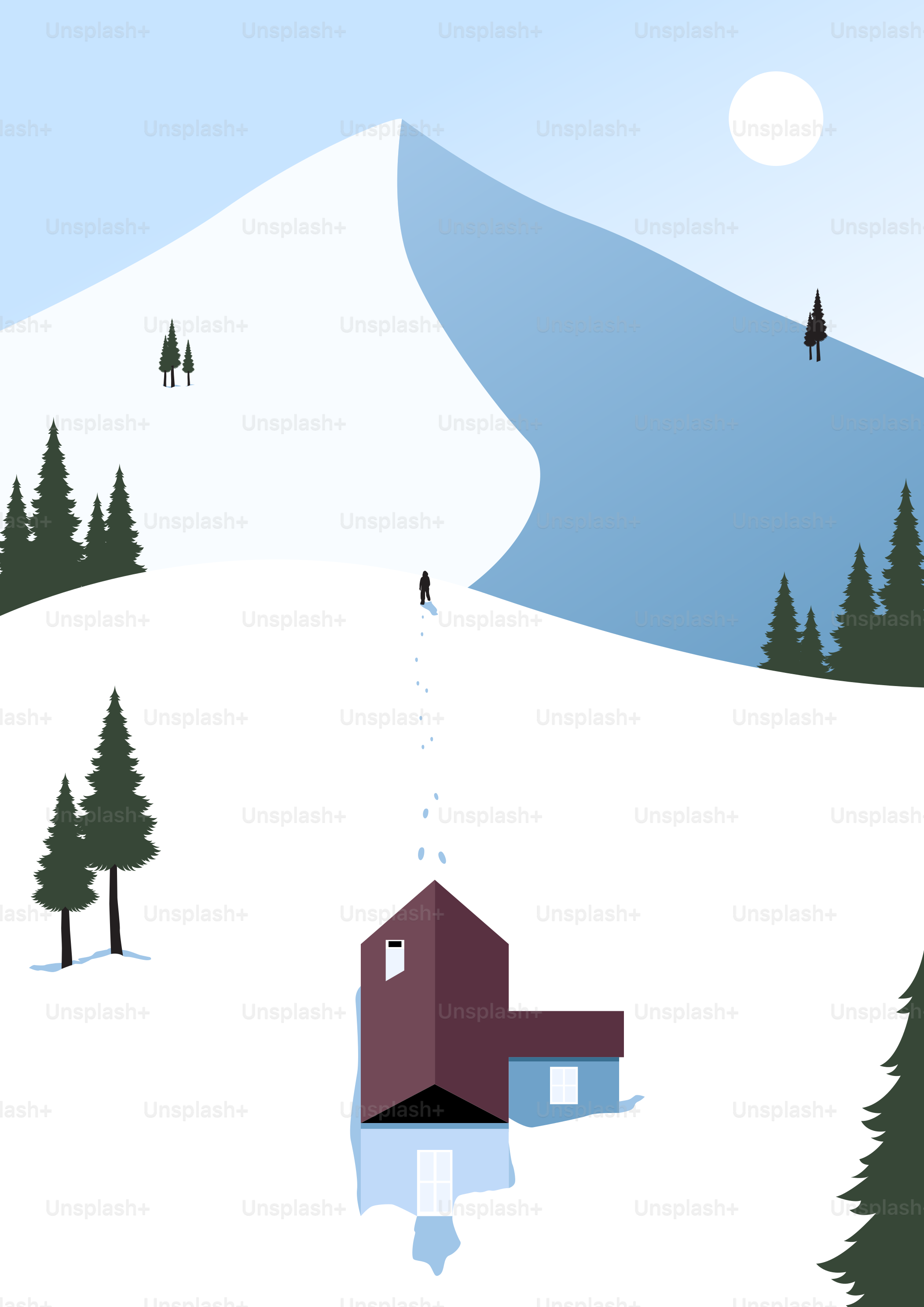 A lone skier ascends a snowy mountain towards a cabin.