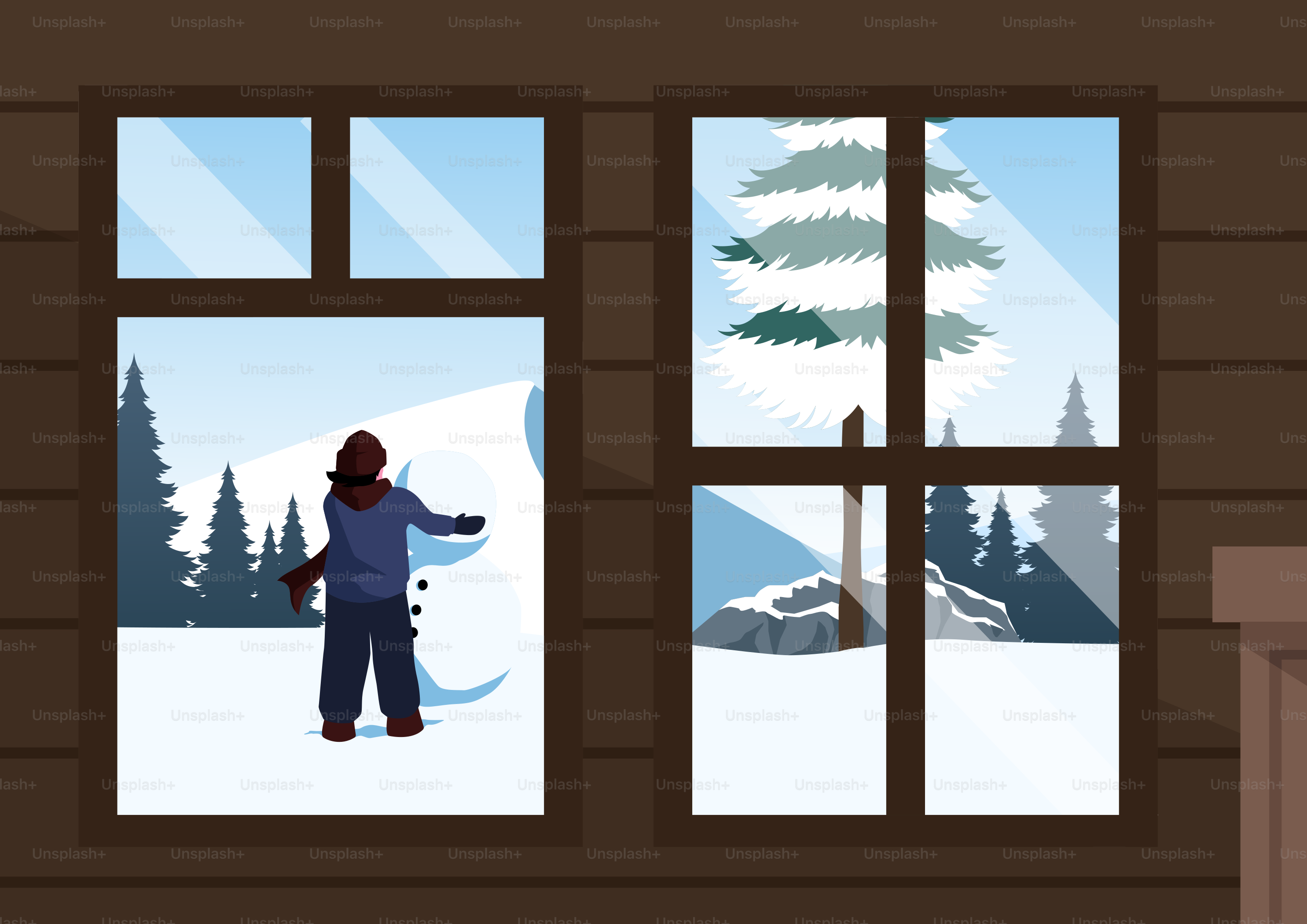 窓越しに雪だるまを作る人がいる