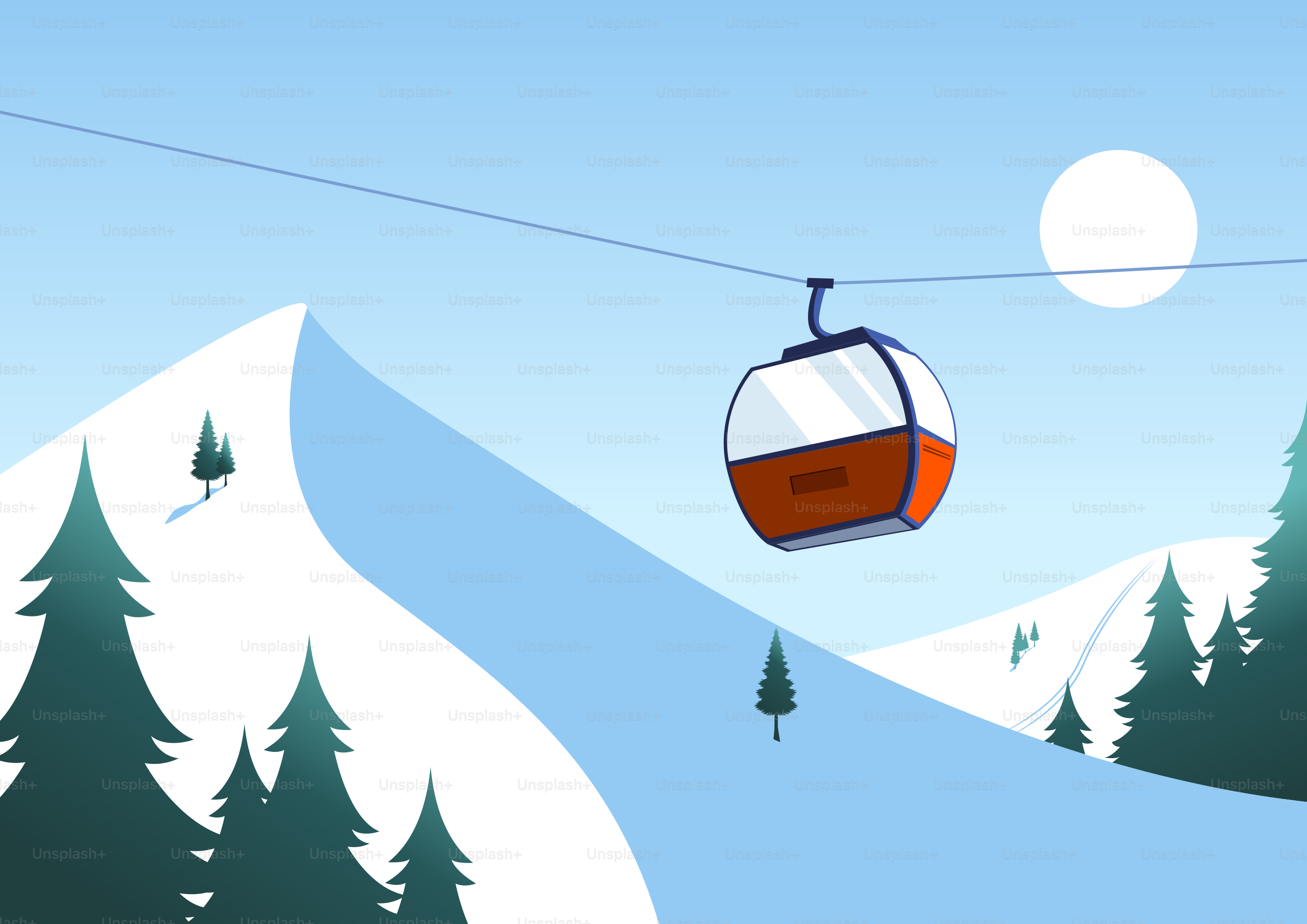 Ski lift car travels over snowy mountains with trees.