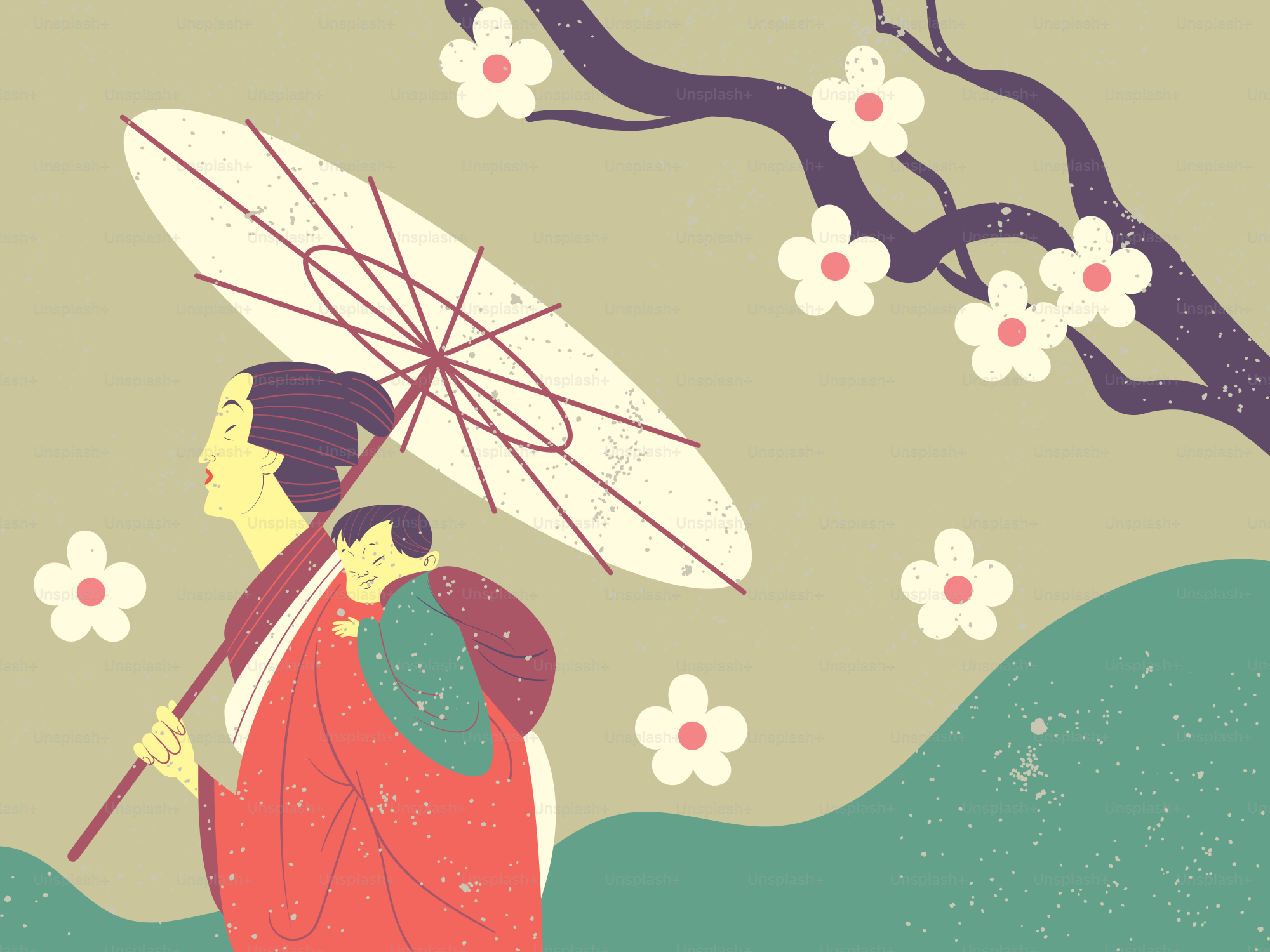 Woman with child on back holding umbrella under blossoms