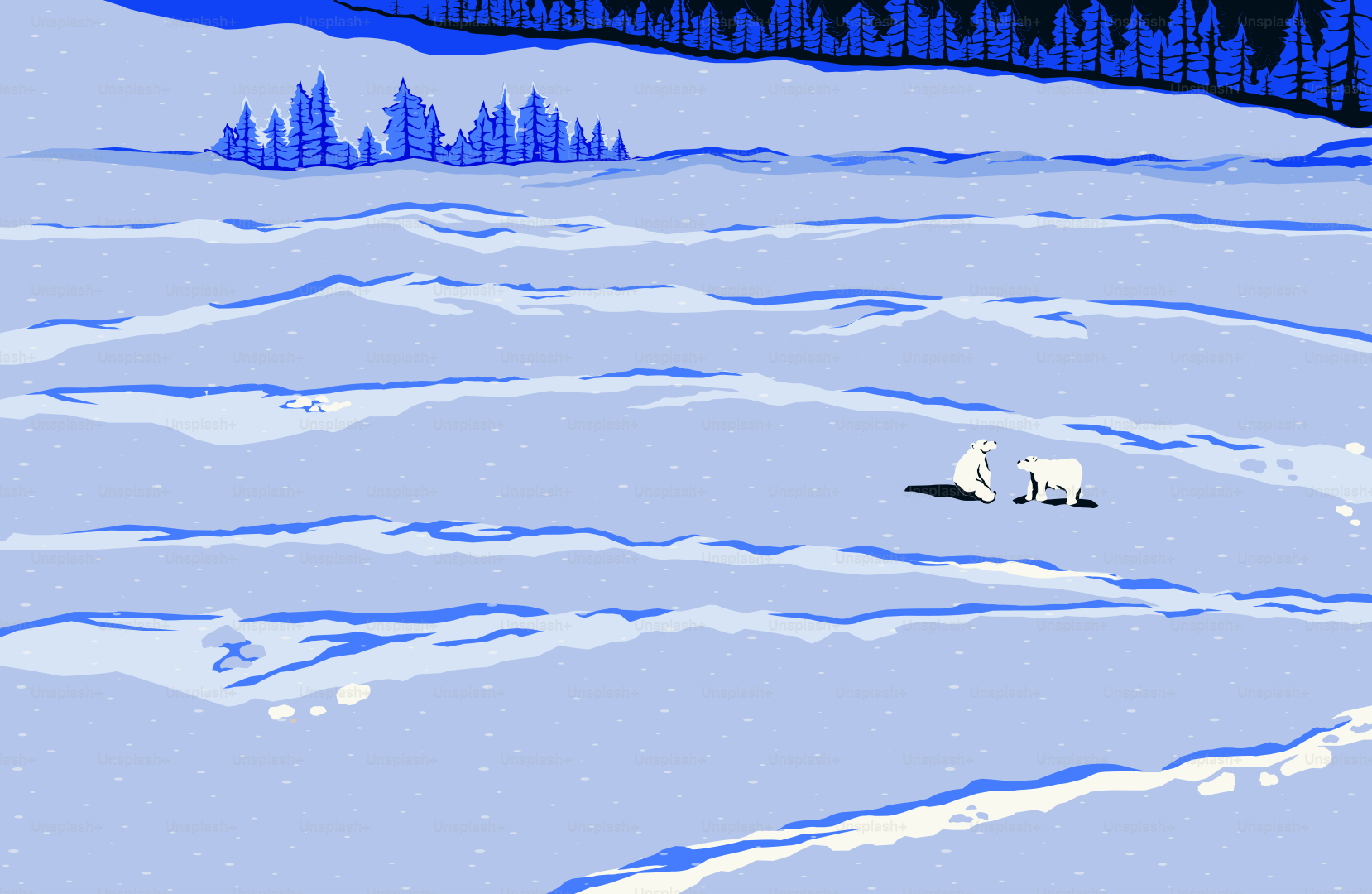 Two polar bears on a vast icy landscape