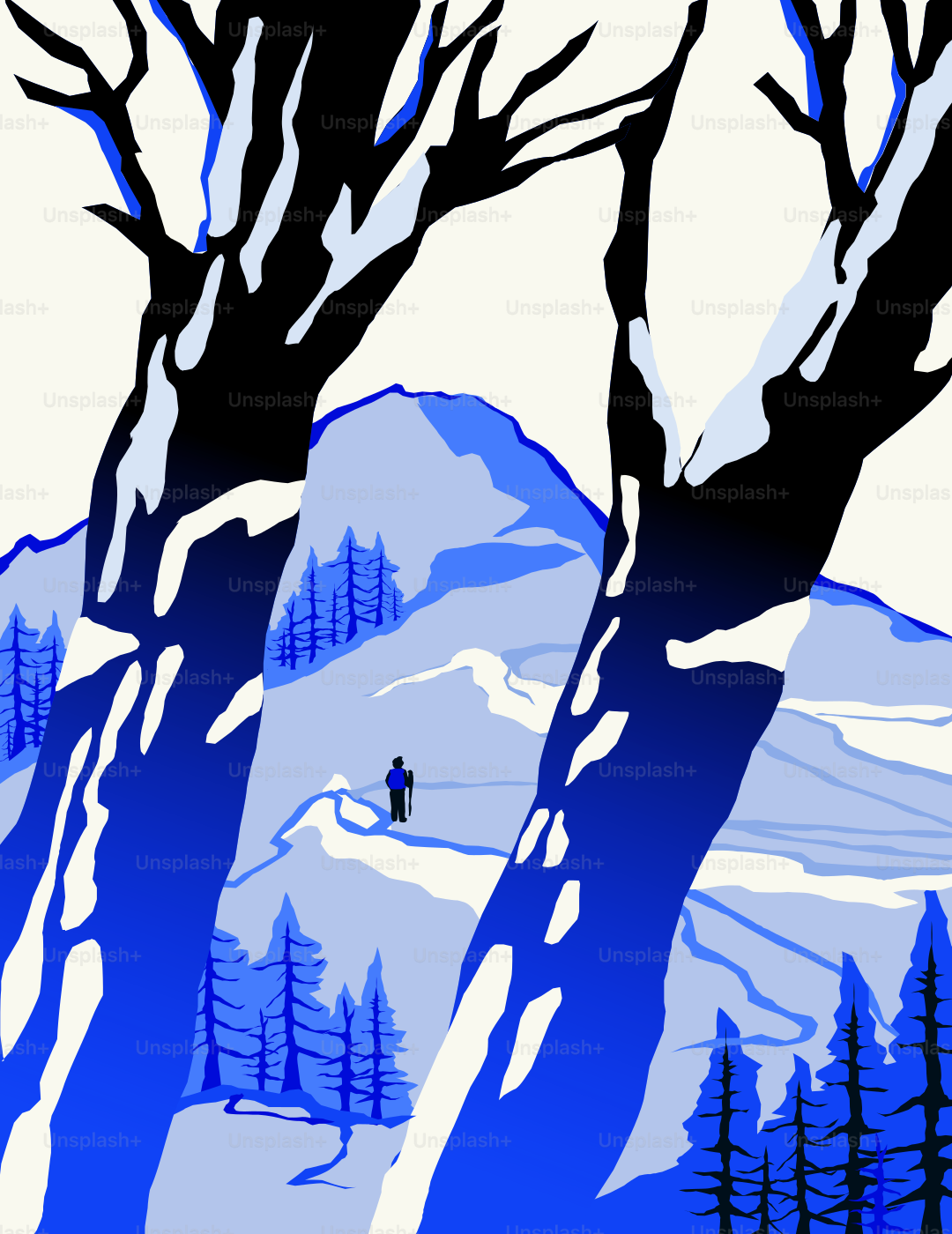 A lone skier ascends a snowy mountain path.