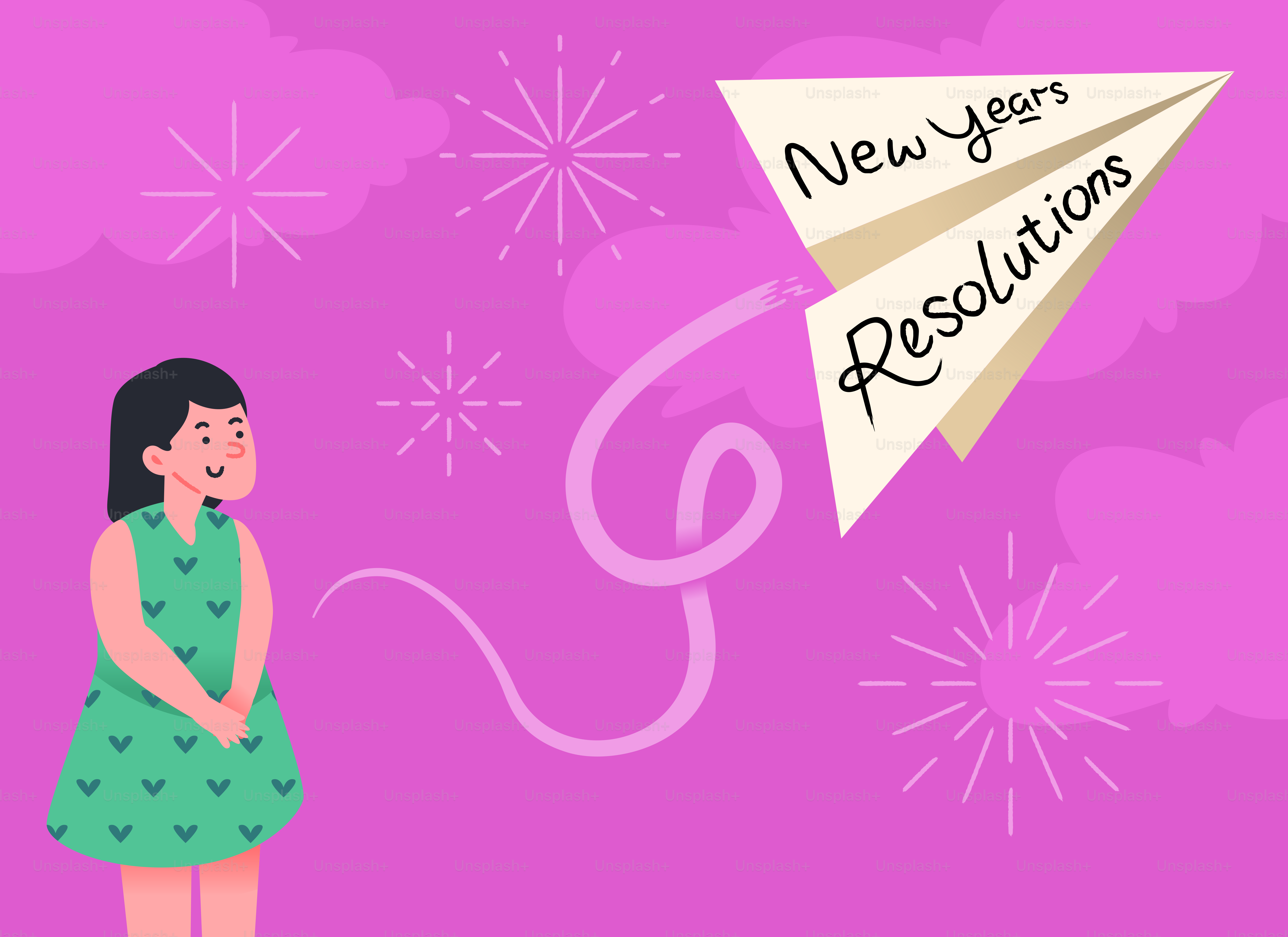 女の子が新年の抱負を立てて紙飛行機を見ている。