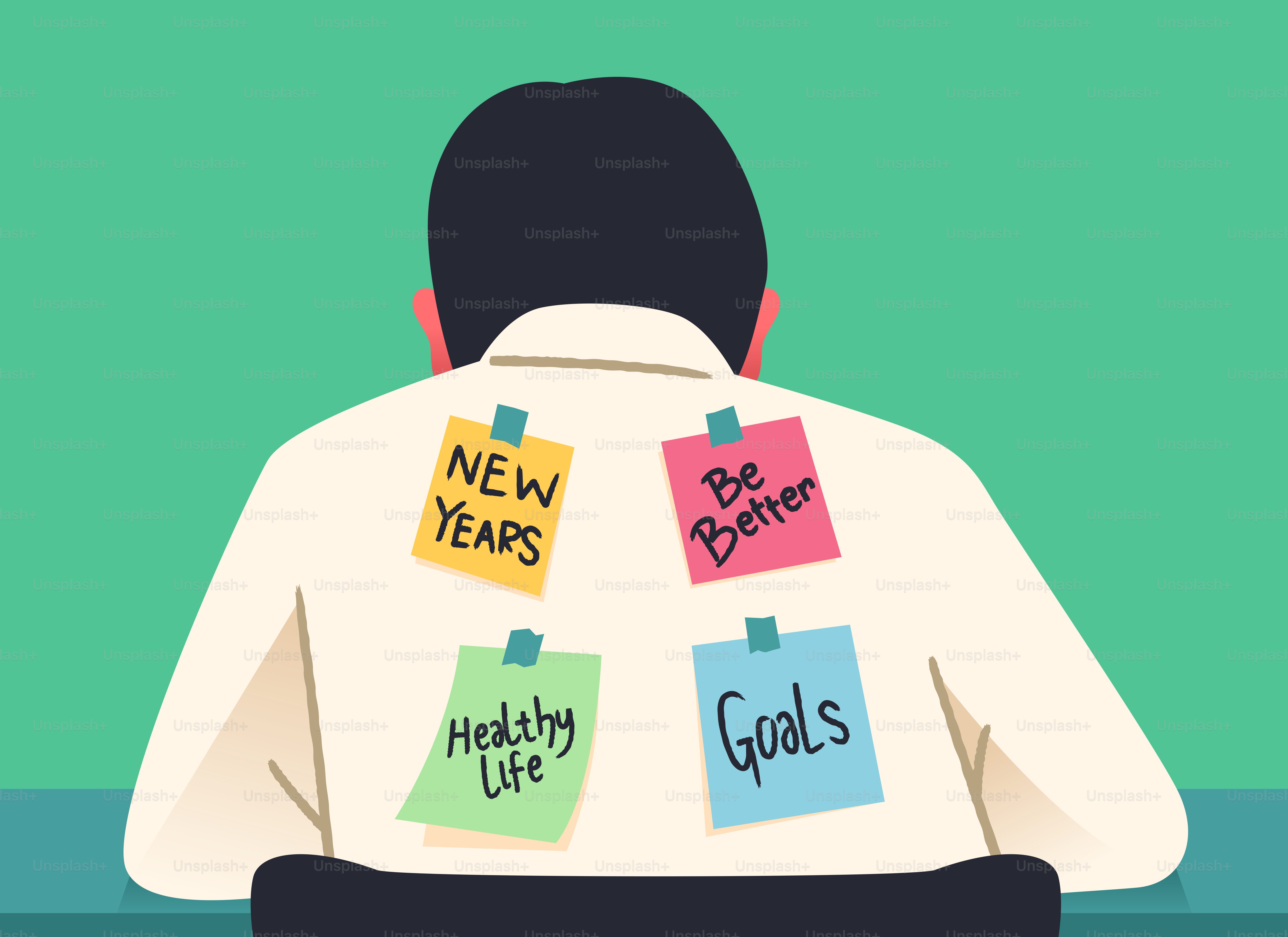 背中に新年の抱負付箋を貼った男。