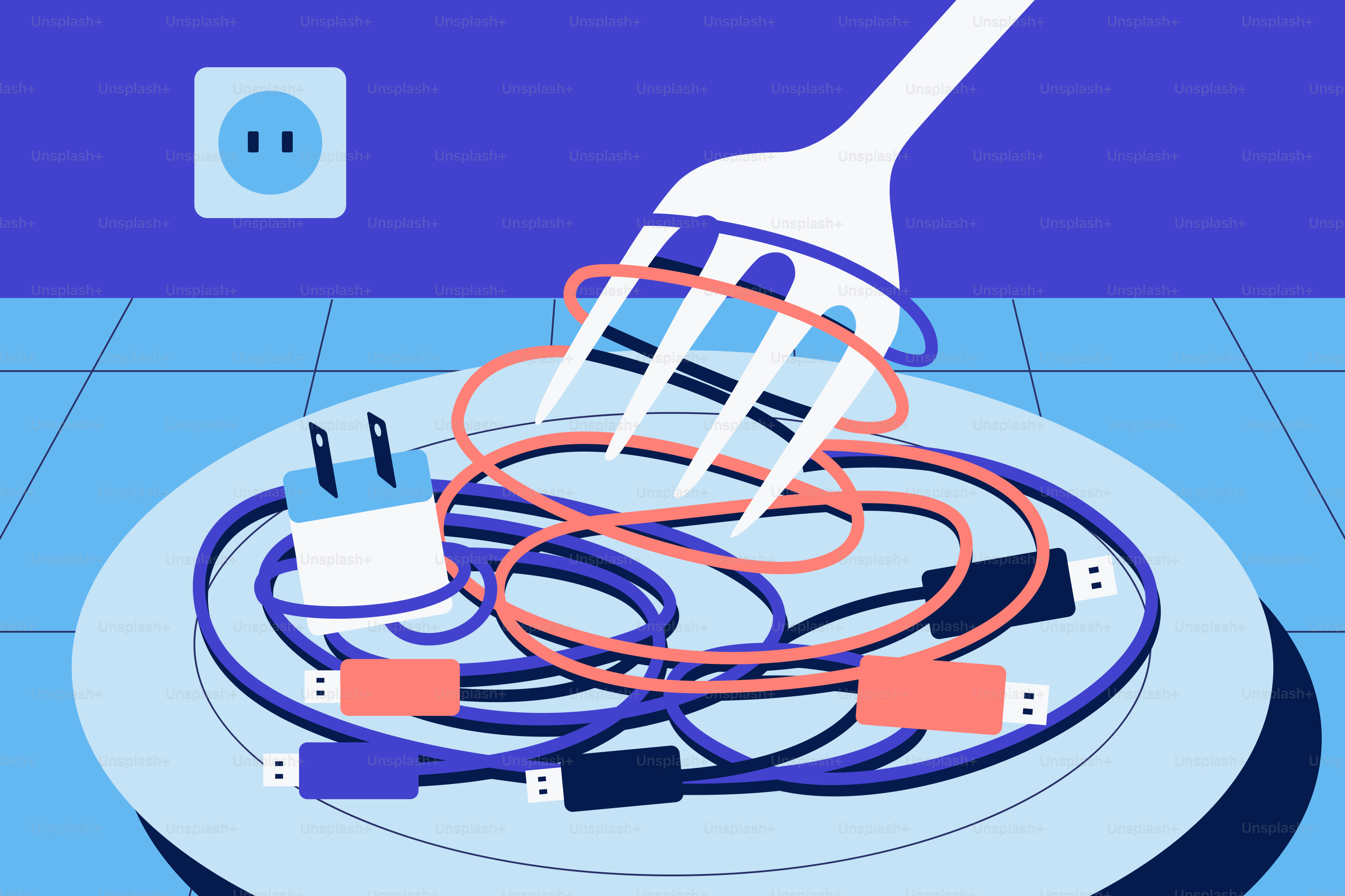 Kabel pengisi daya kusut di piring dengan garpu.