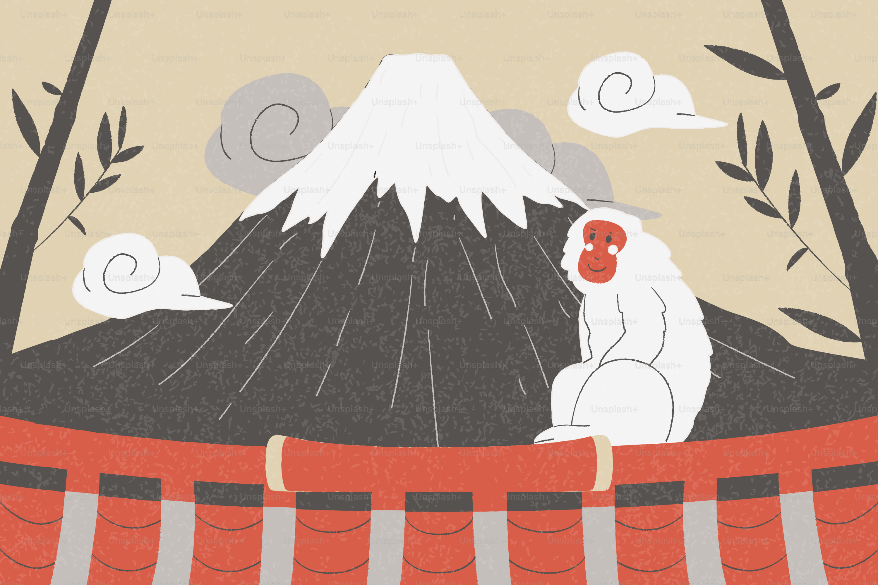 Snow monkey sits before mount fuji