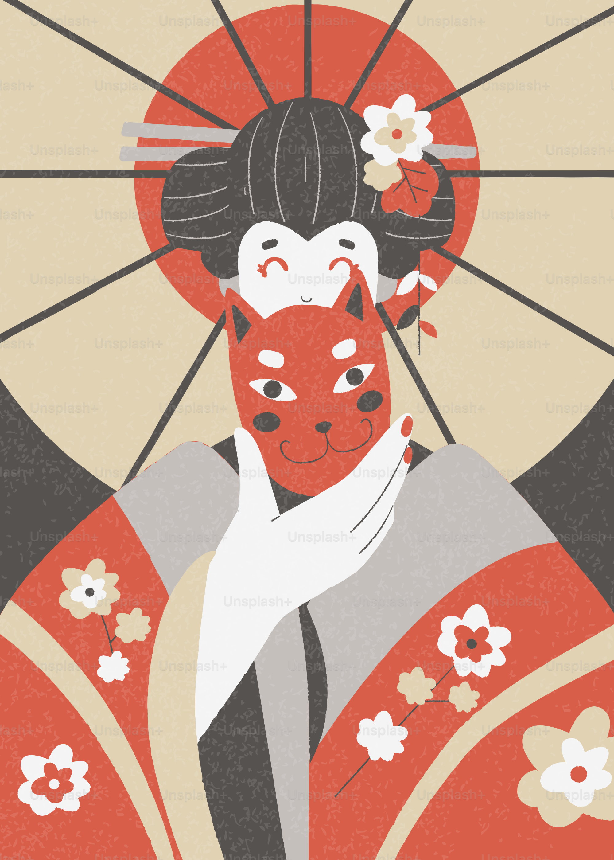 Geisha holding a red fox mask with floral kimono