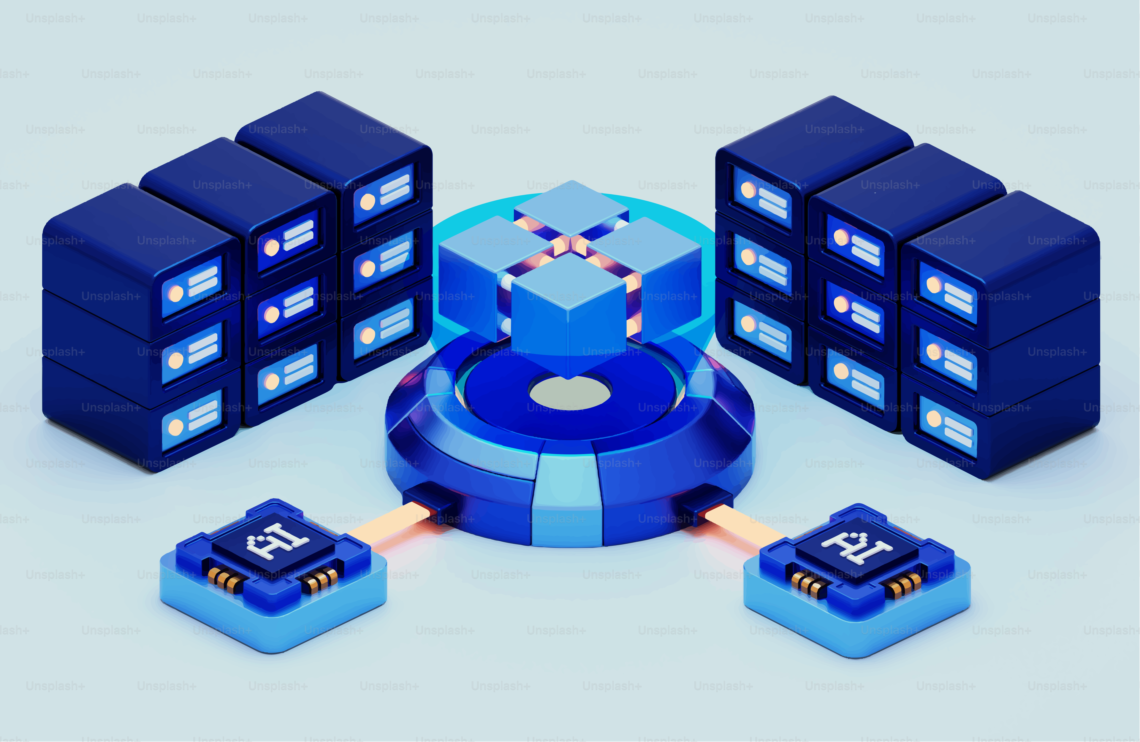 Rete astratta di server blu e nodi IA.