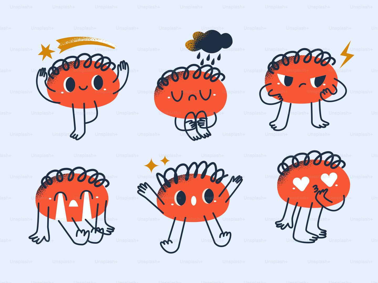 Sei cervelli da cartone animato che mostrano emozioni e stati d'animo diversi