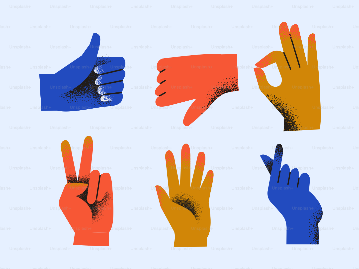 Six hands showing different gestures against a blue background