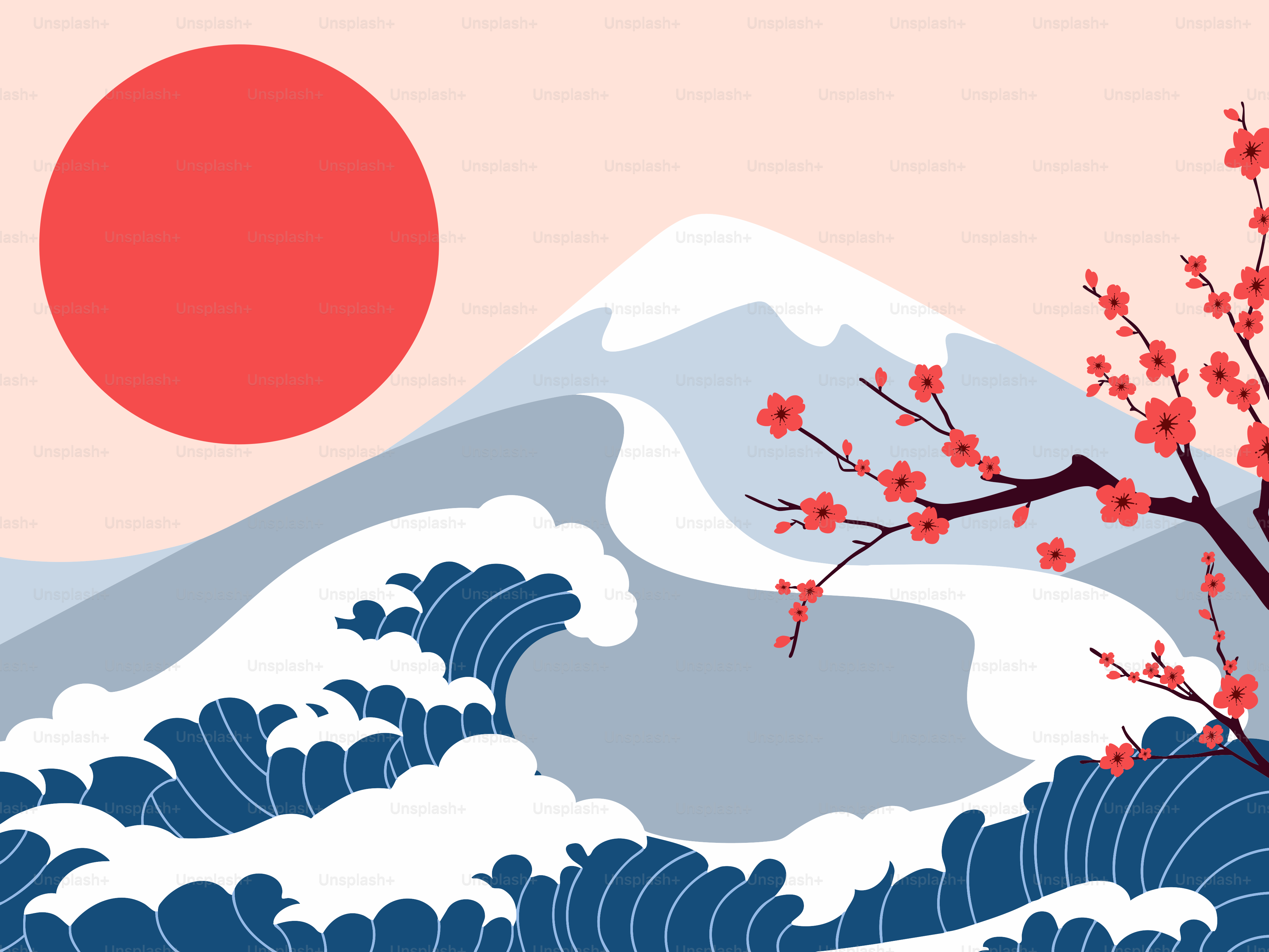 Red sun over waves and snowy mountain