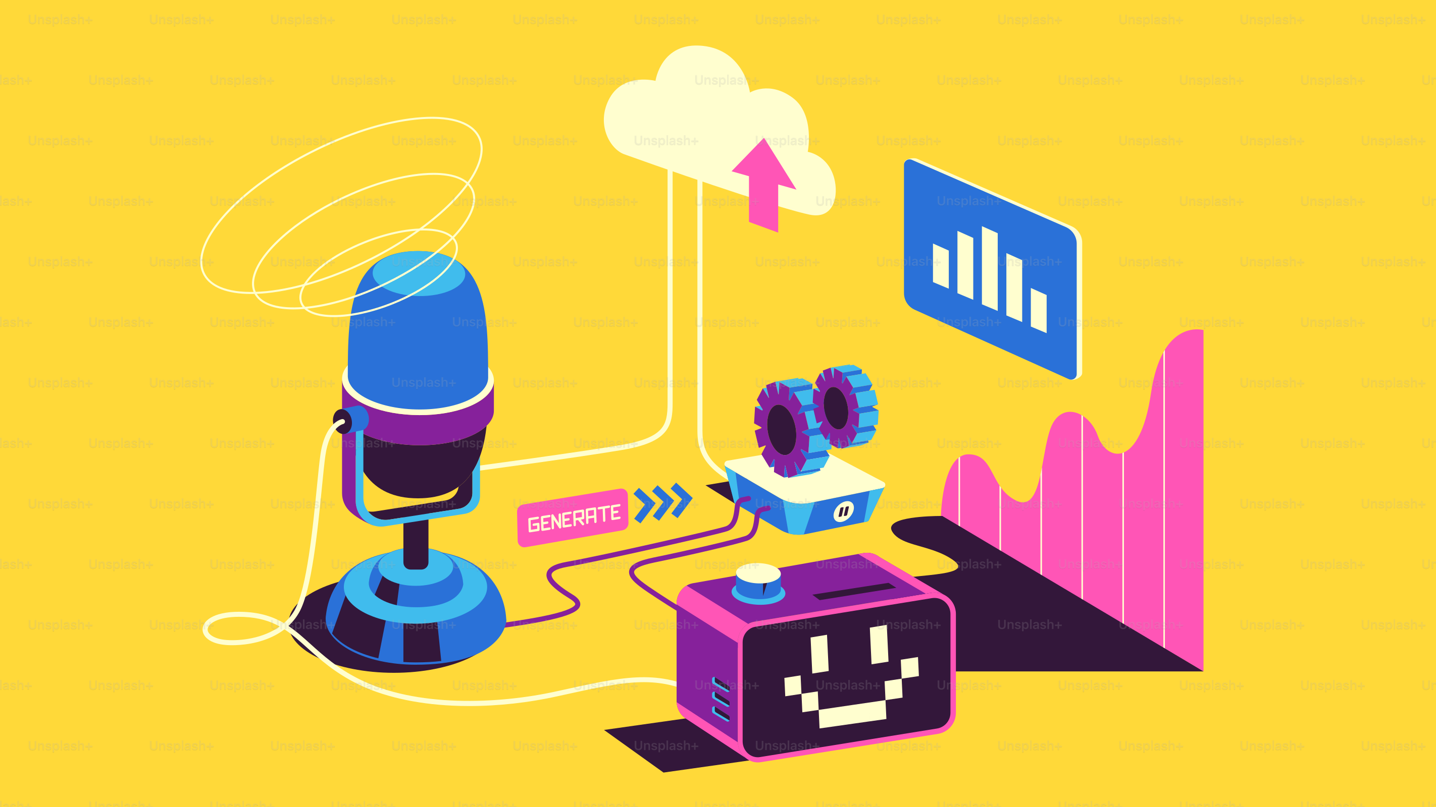 Microphone, cloud, and data charts on yellow background