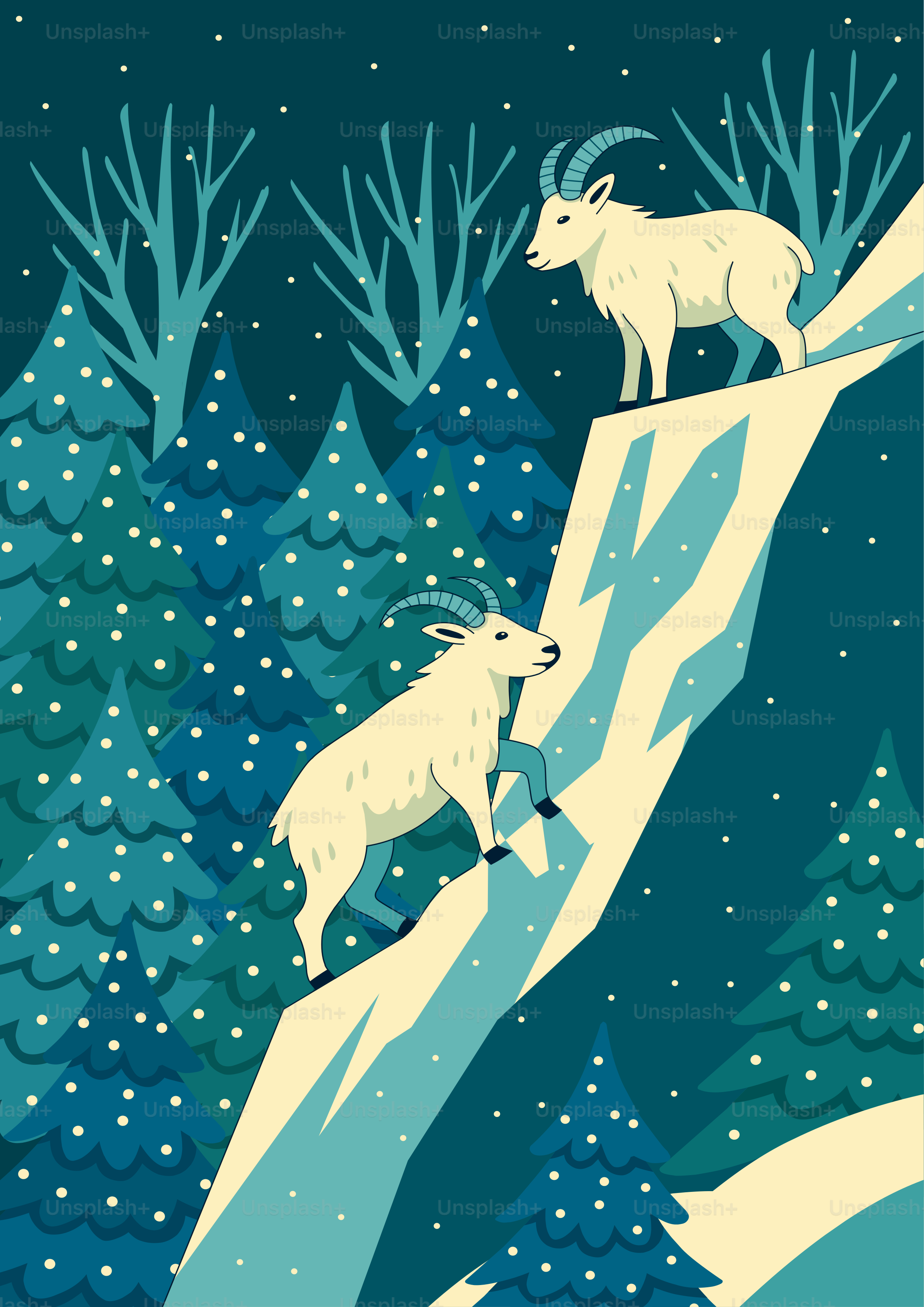 Two mountain goats climbing a snowy slope