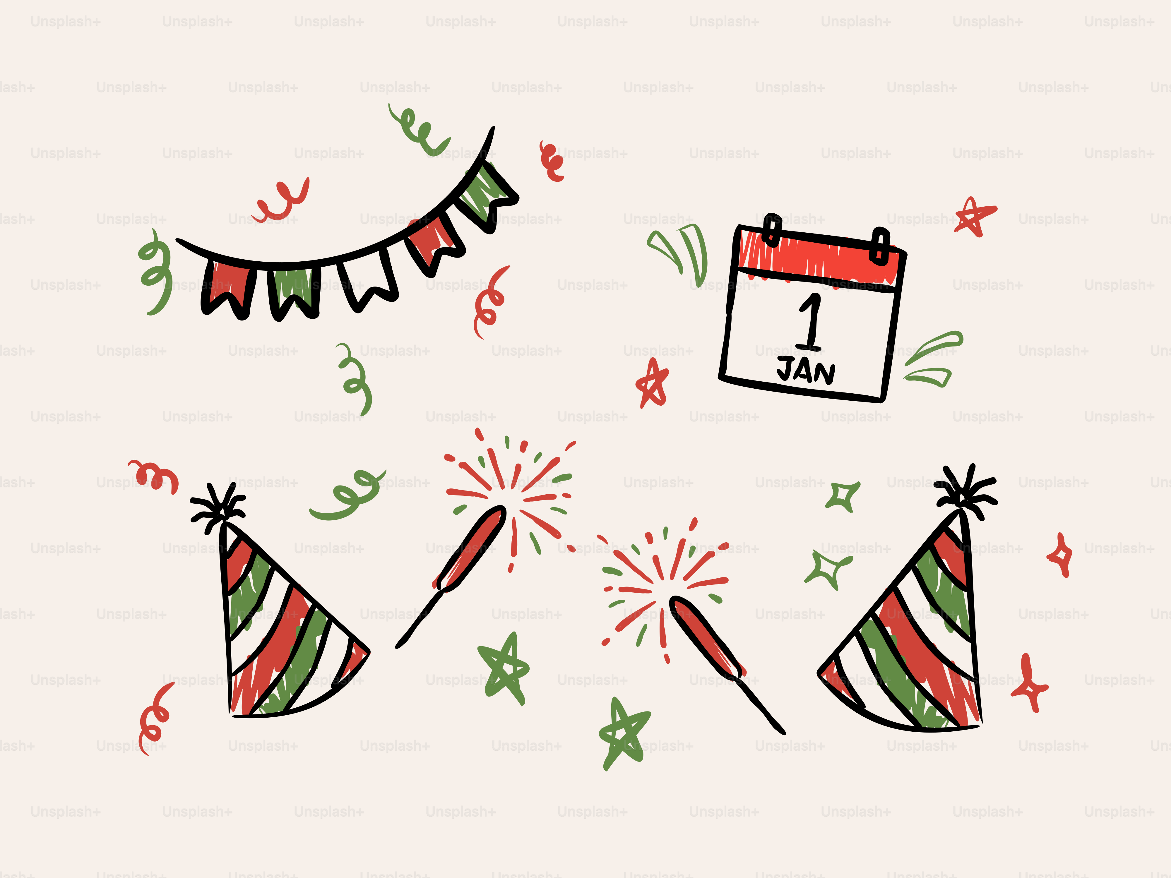 New year's celebration elements with hats and fireworks