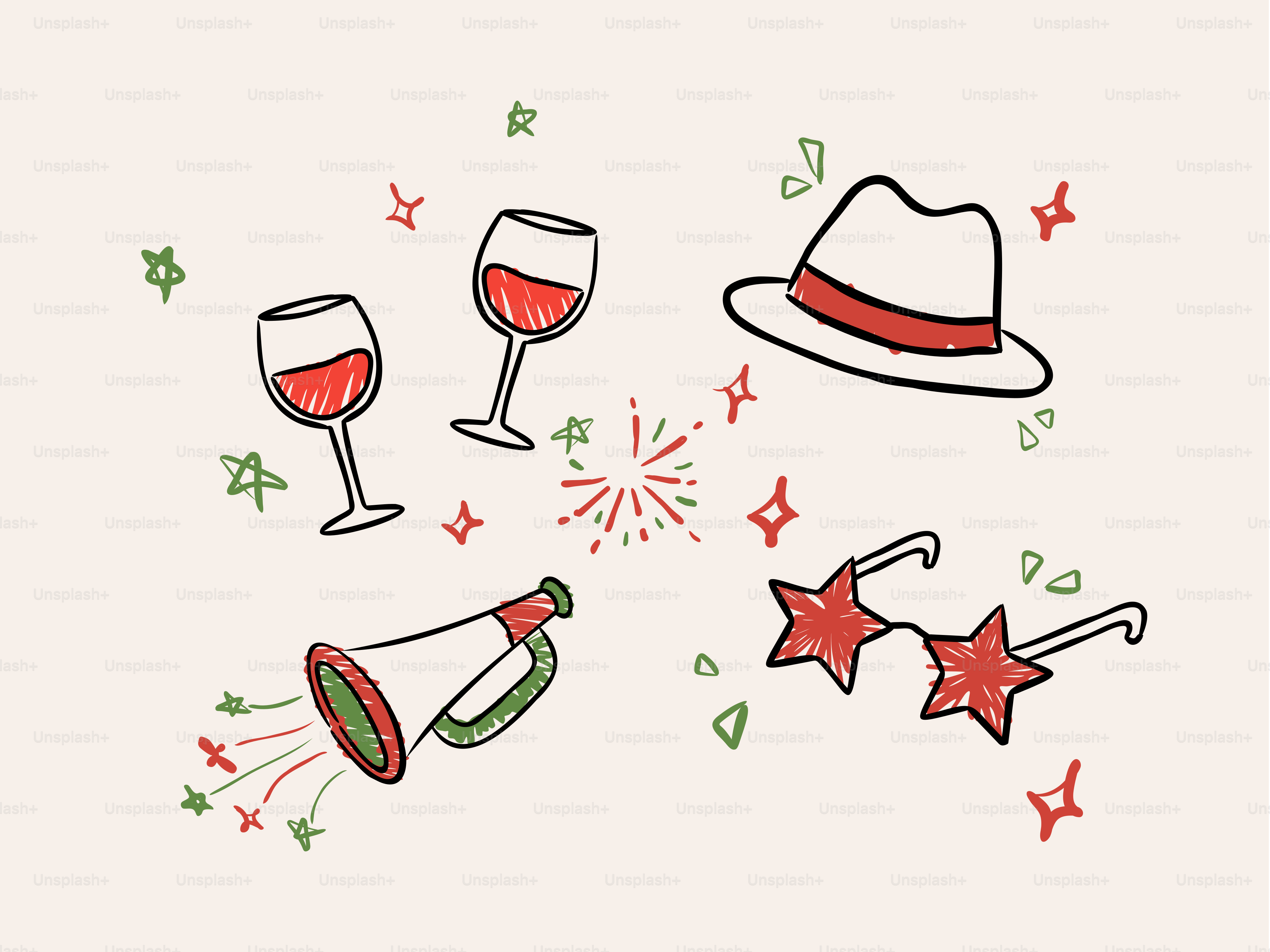 Artículos para la fiesta, incluyendo gafas, sombrero y un ruidero