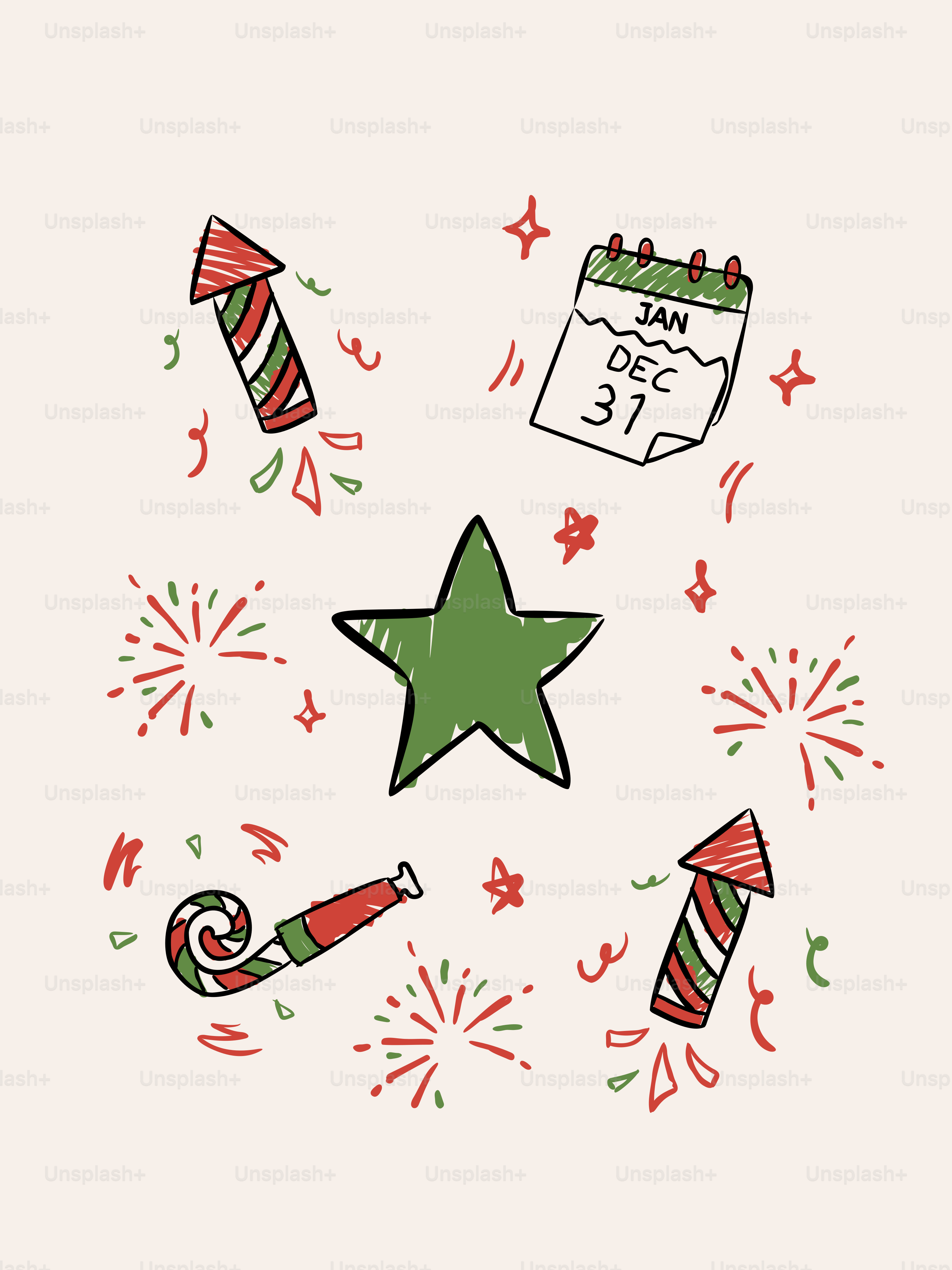 Des gribouillis de fête du réveillon du Nouvel An avec des feux d’artifice et un calendrier.