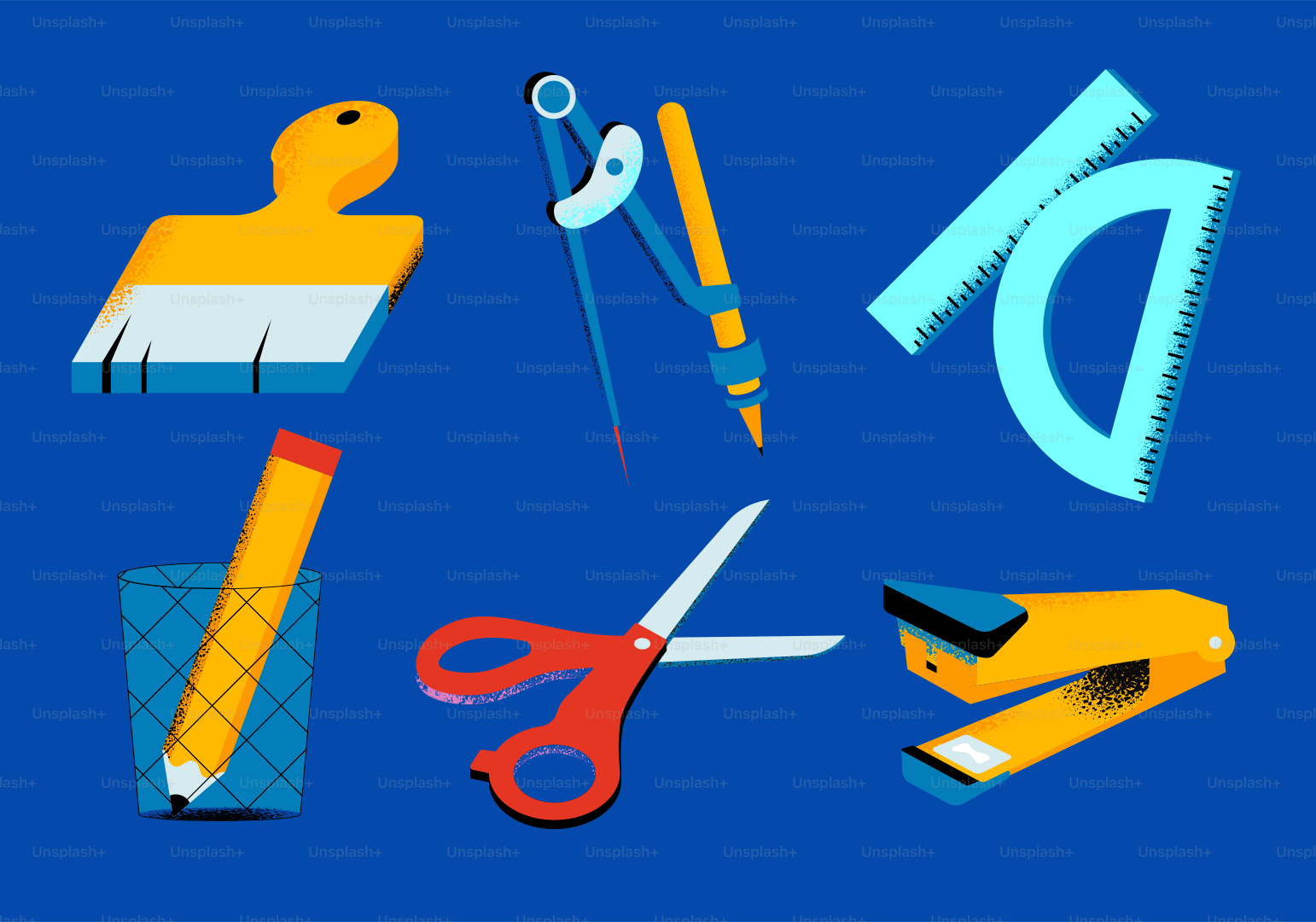 Divers fournitures scolaires sur fond bleu