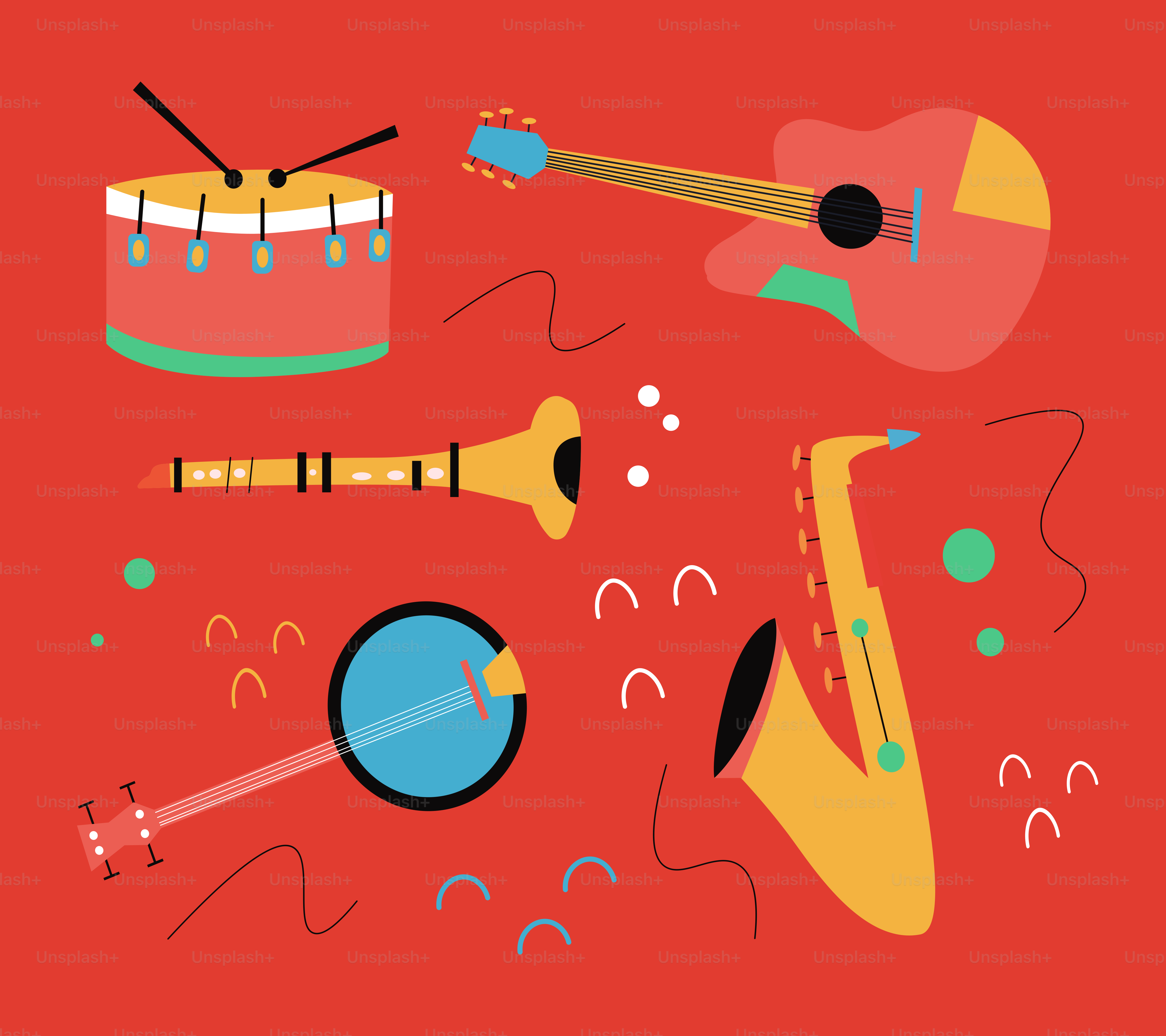 Des instruments de musique colorés disposés sur un fond rouge.