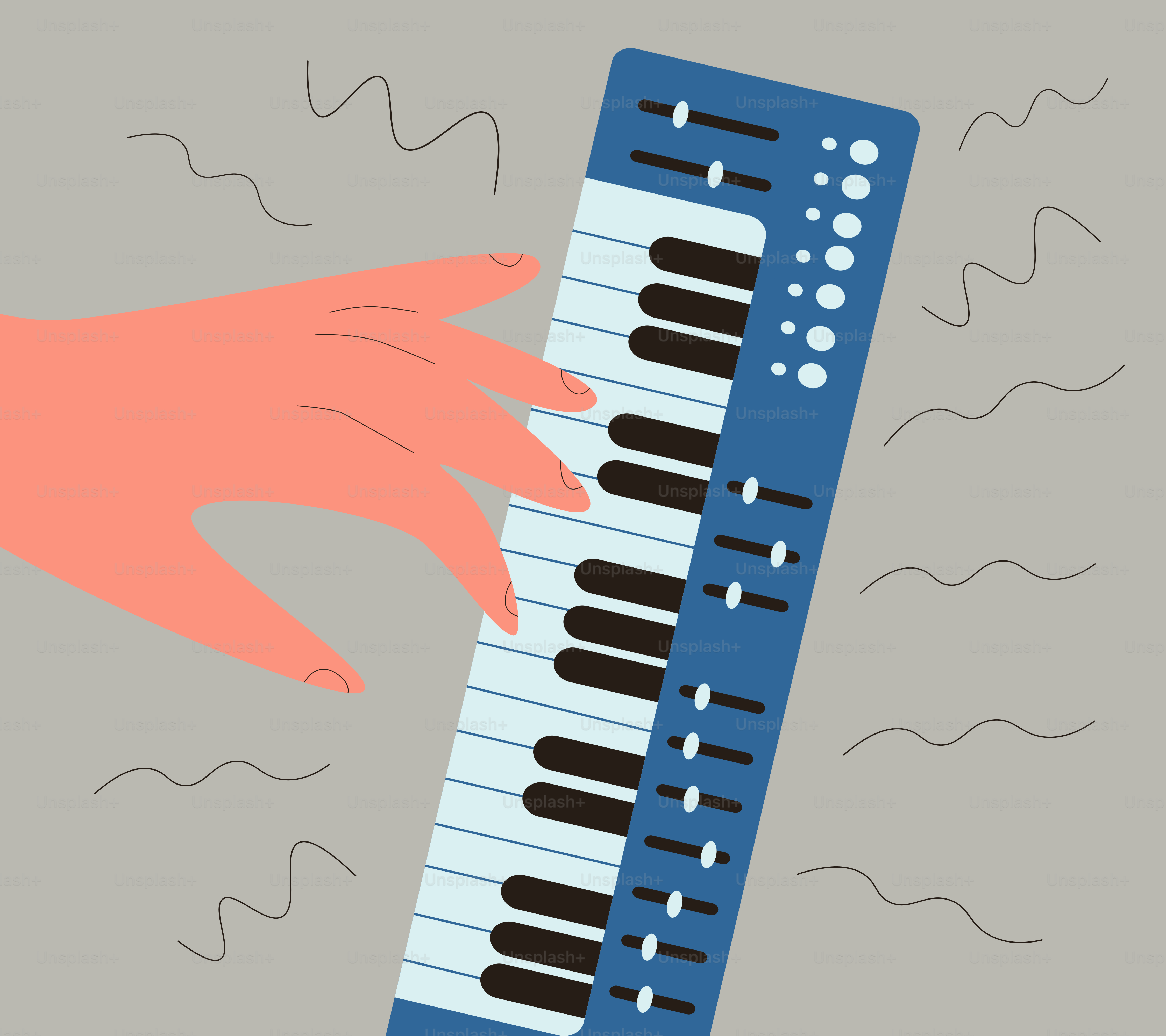 Hand playing a blue synthesizer with wavy lines.