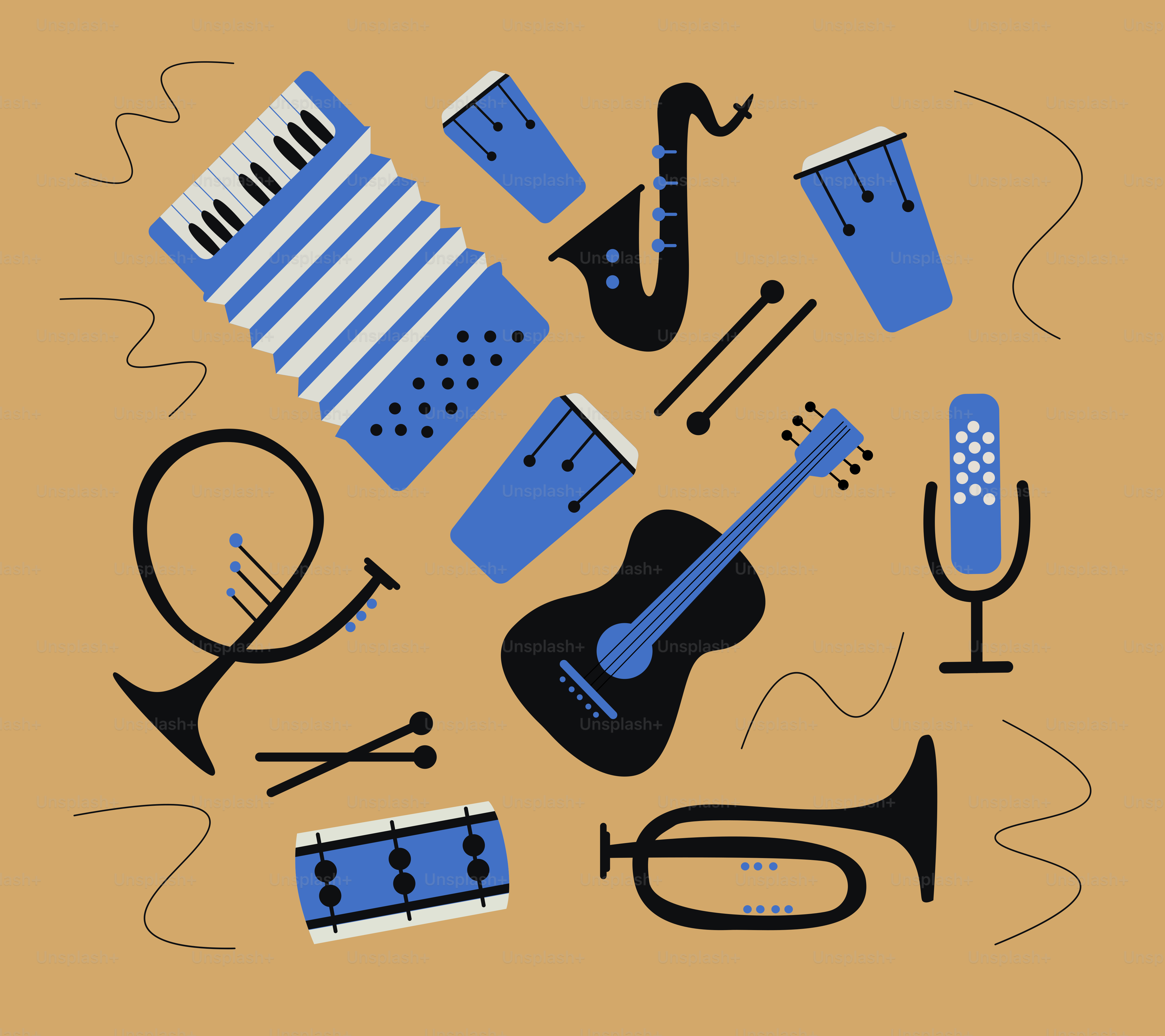 Collezione di strumenti musicali su sfondo color sabbia