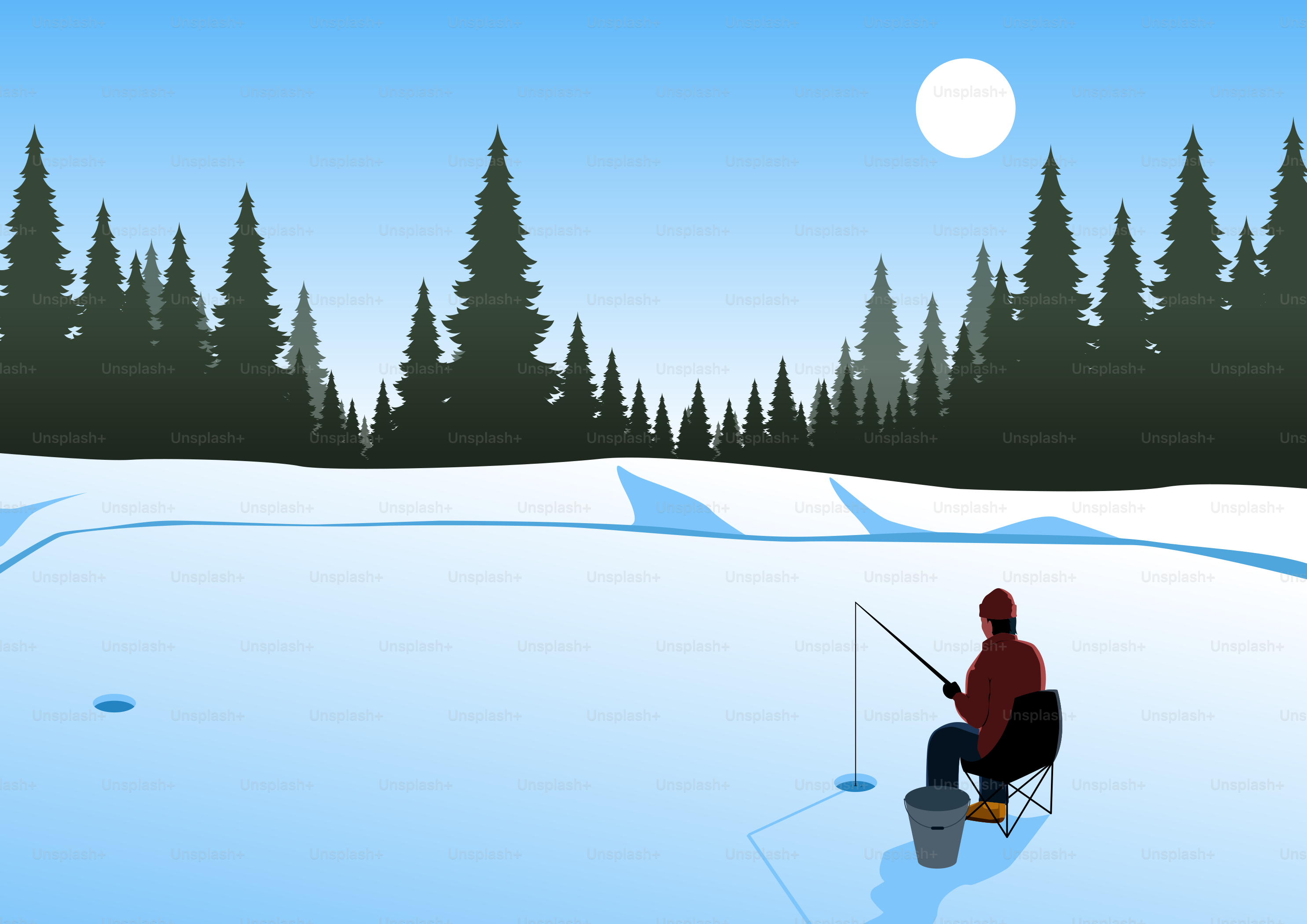Homem pescando no gelo em um lago congelado com árvores