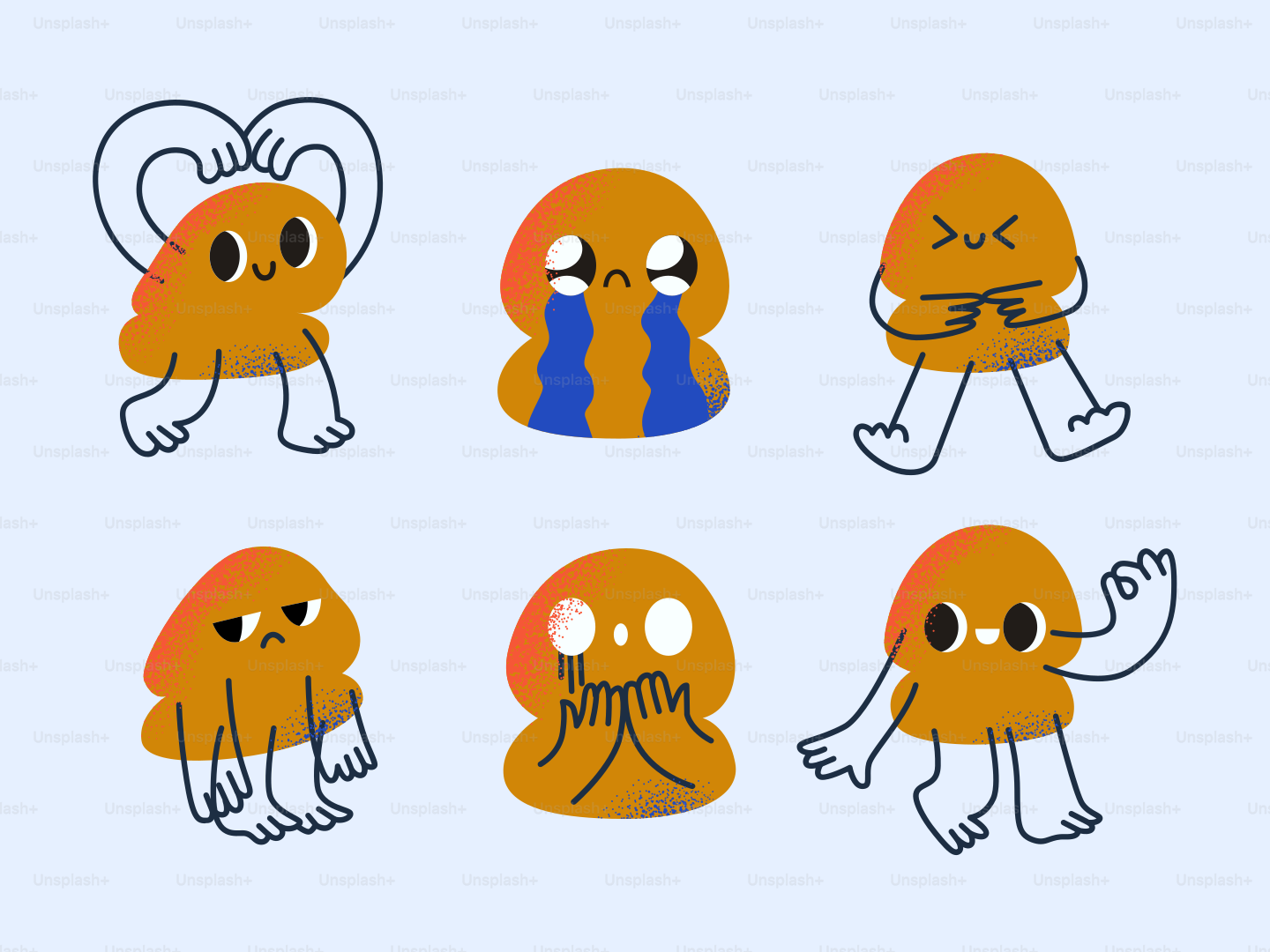 Sechs orangefarbene Cartoonfiguren mit unterschiedlichen Gesichtsausdrücken