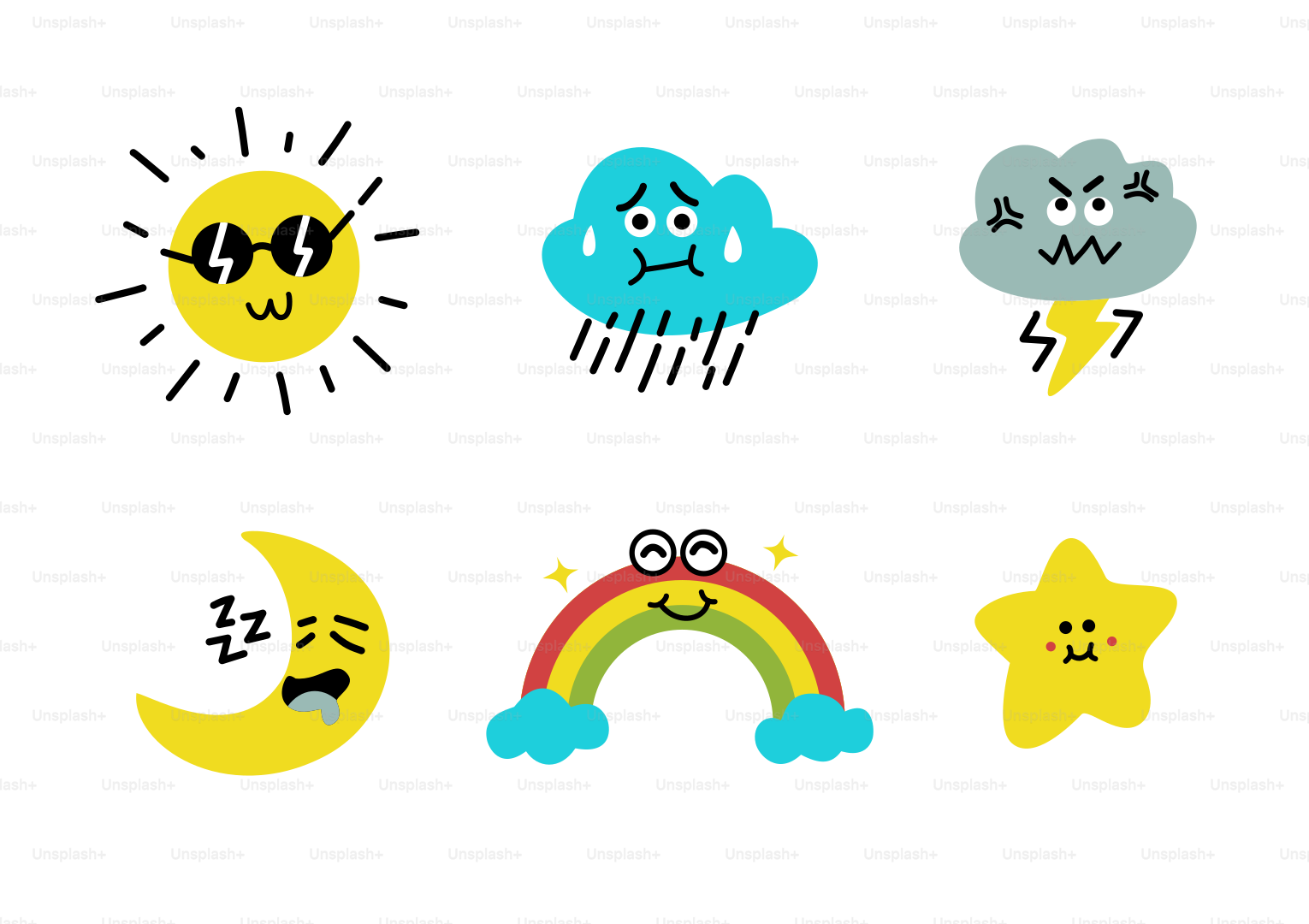 Sonnen-, Regenwolken-, Sturmwolken-, Mond-, Regenbogen- und Sternsymbole.