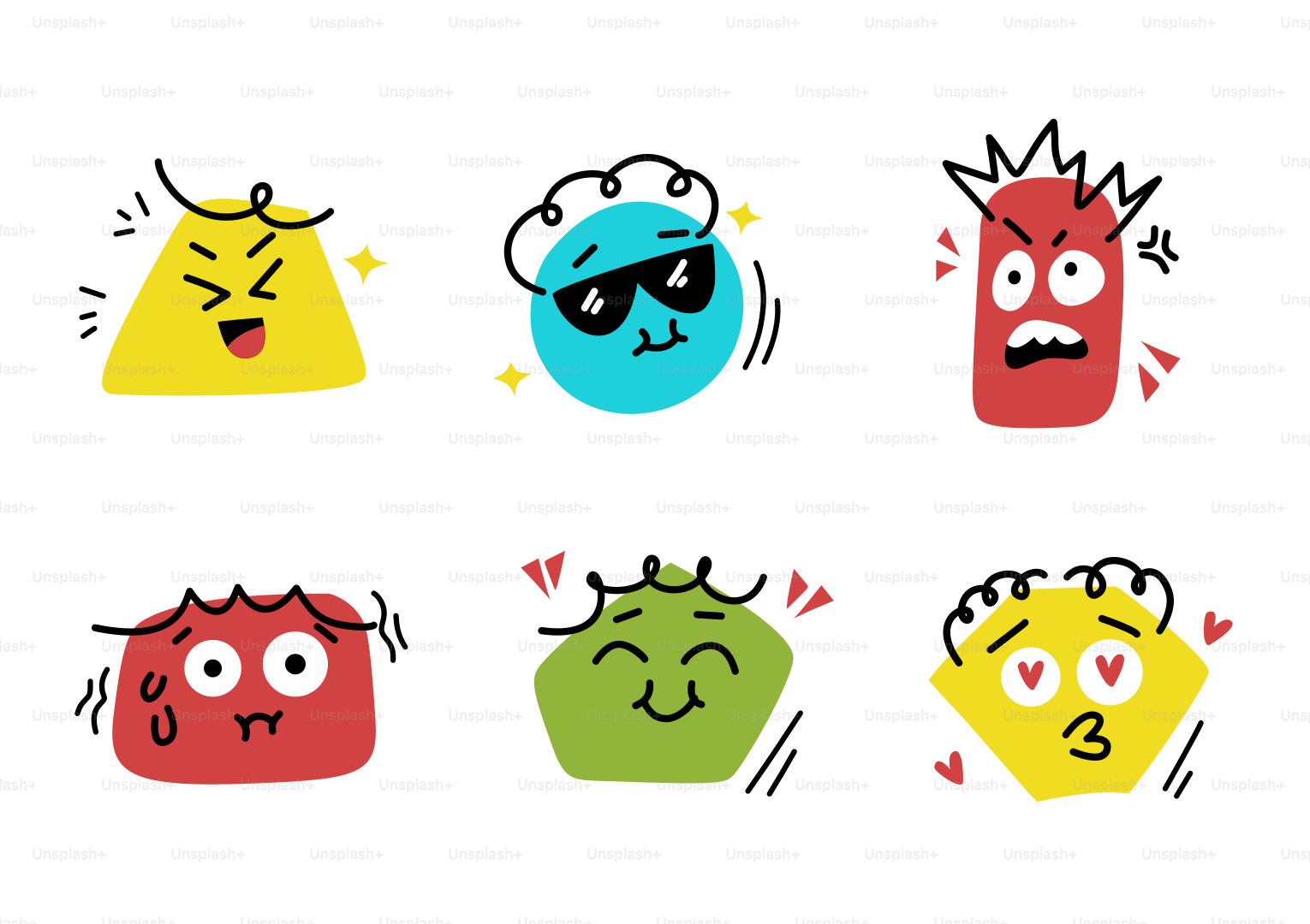 Six cartoon characters with different expressions