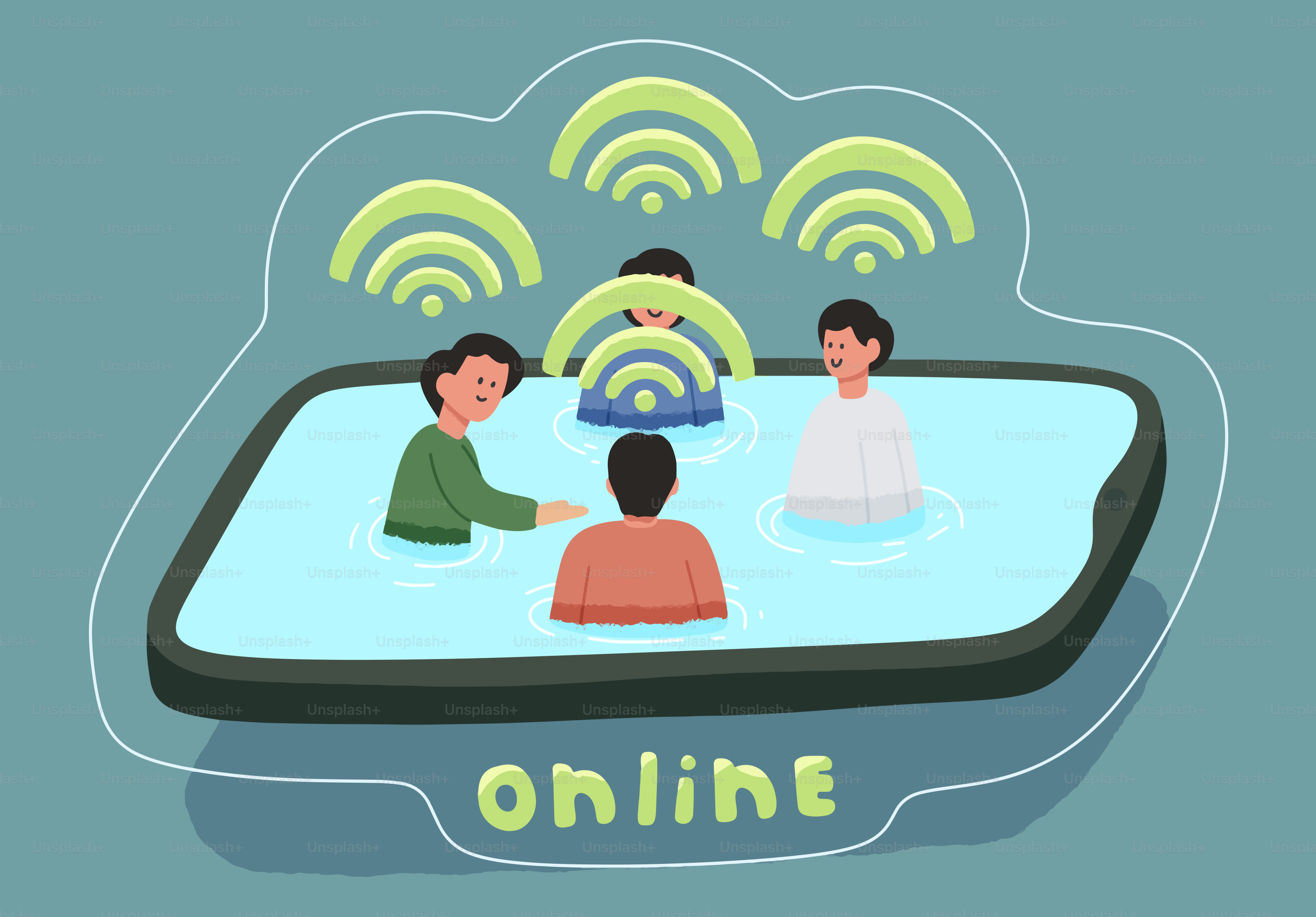 People connecting online with wifi signals.