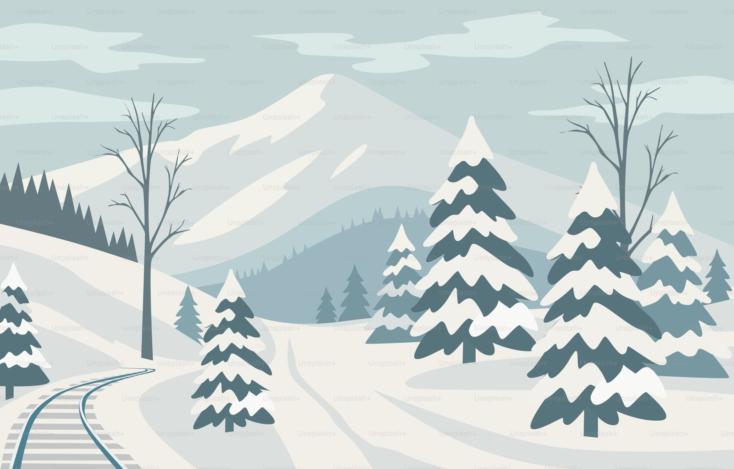 Snowy mountain landscape with pine trees and train tracks