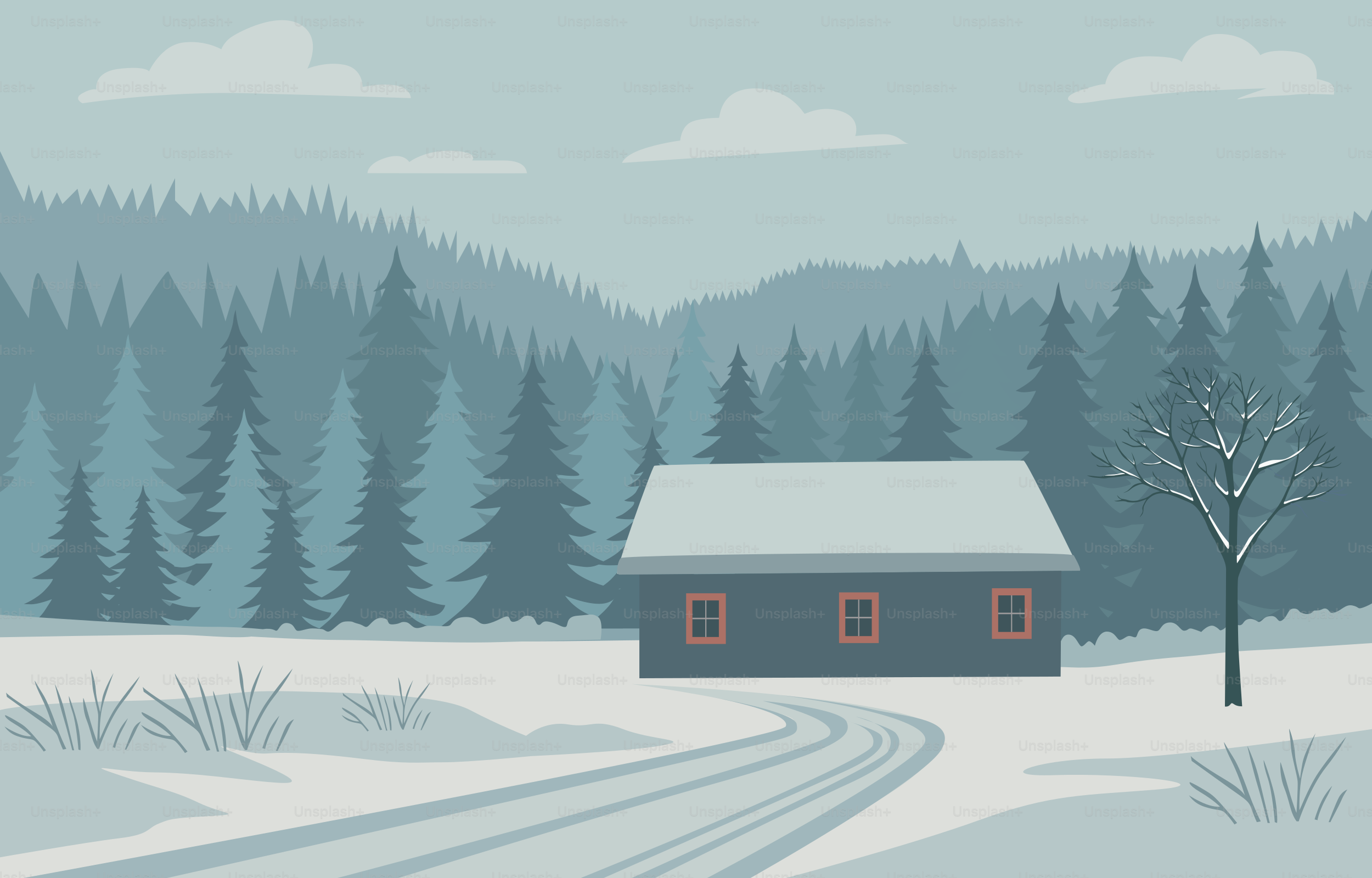 A snowy cabin sits in a winter forest landscape.