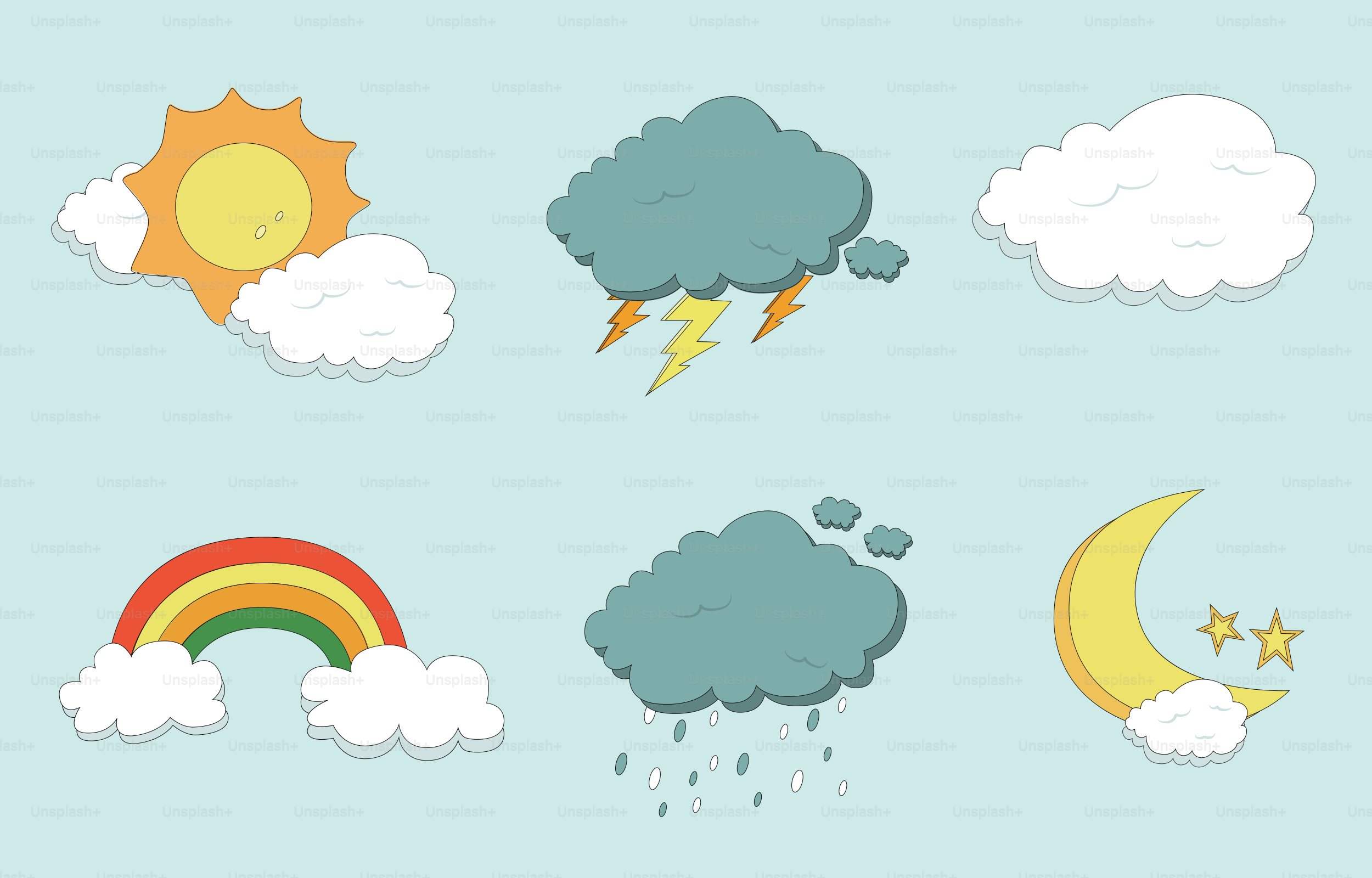Set von Wettersymbolen: Sonne, Sturm, Wolke, Regenbogen, Regen, Mond