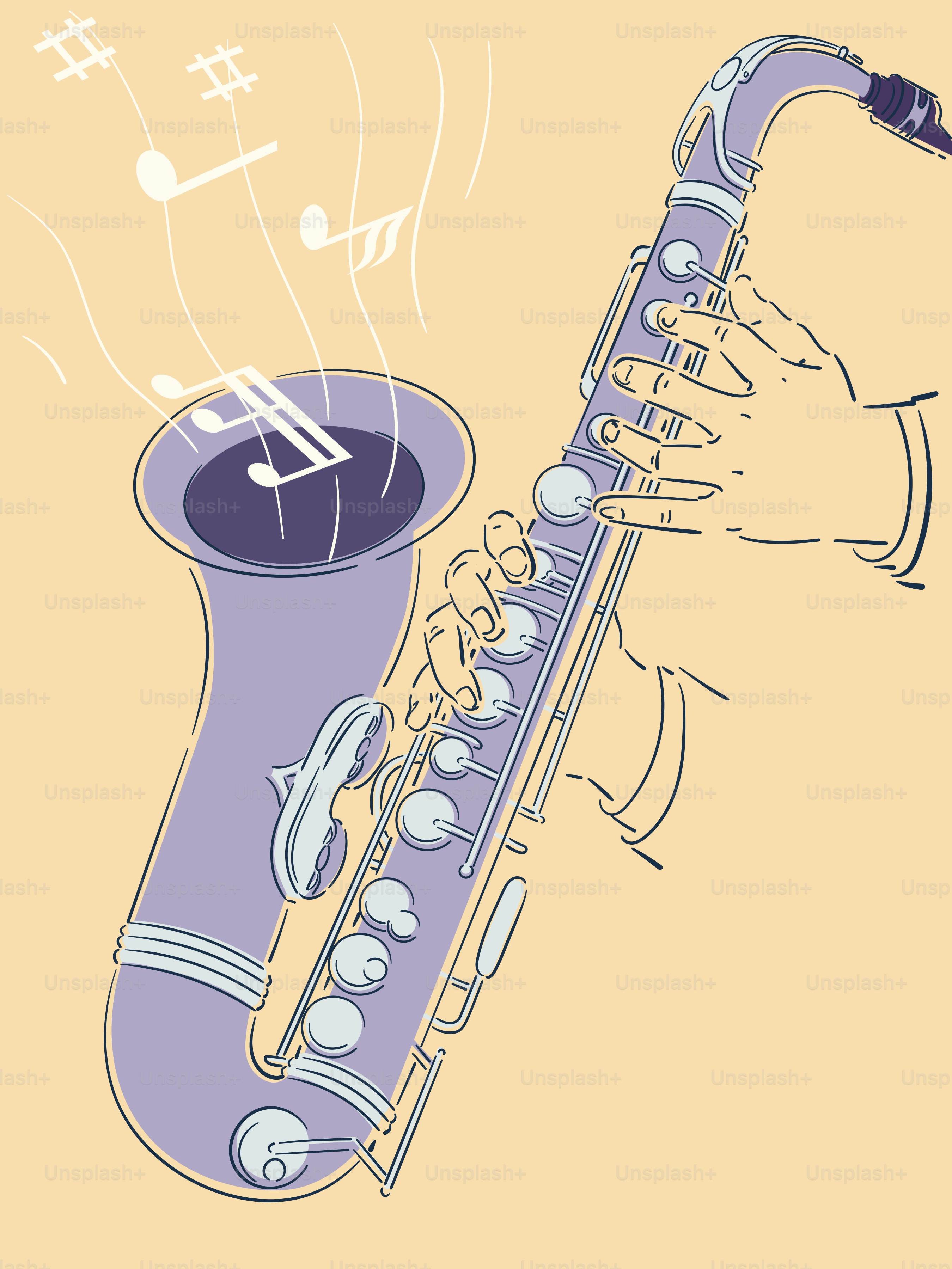 Manos tocando un saxofón morado con notas musicales.