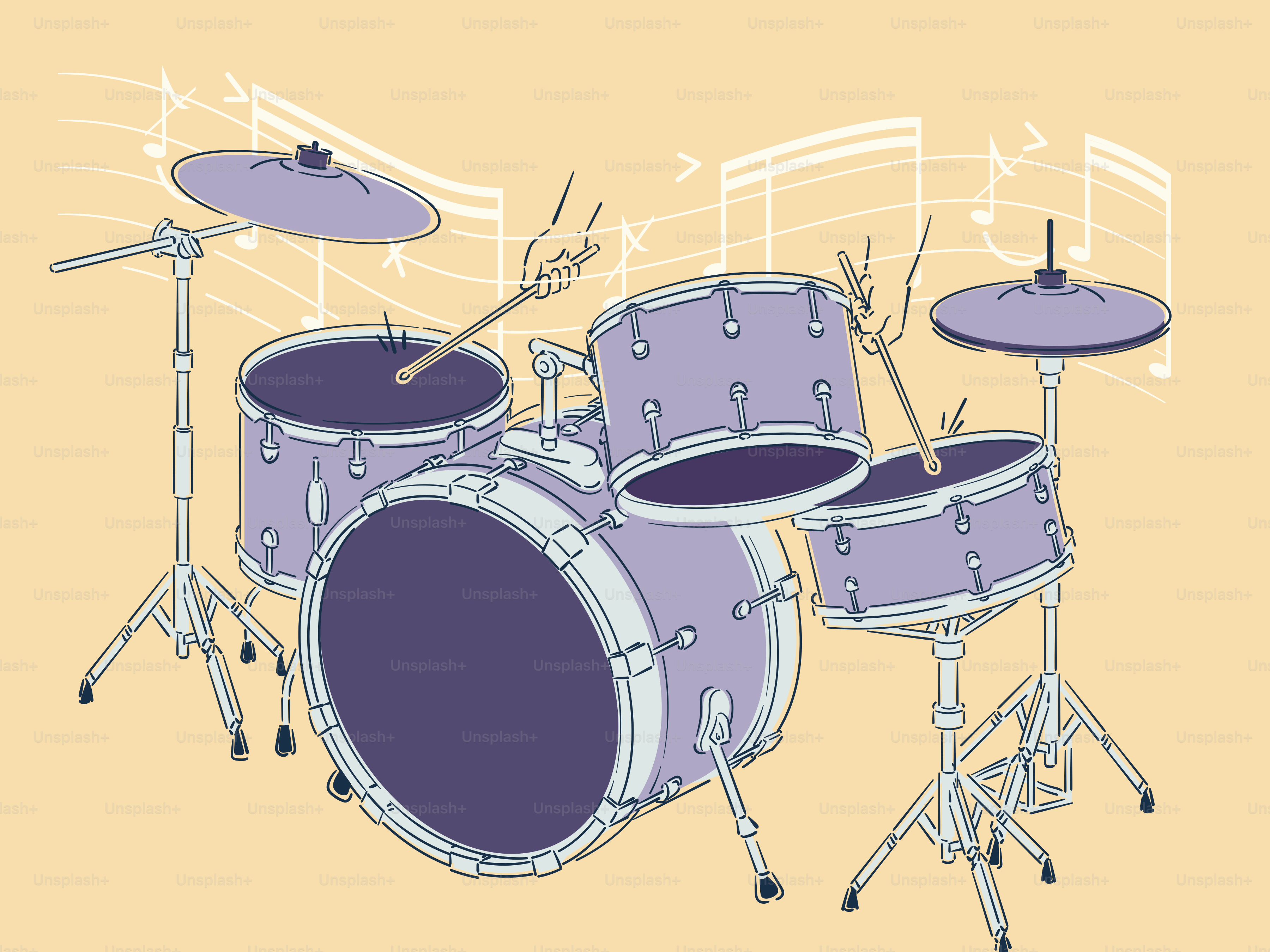 Skeleton hands playing a drum set with musical notes.