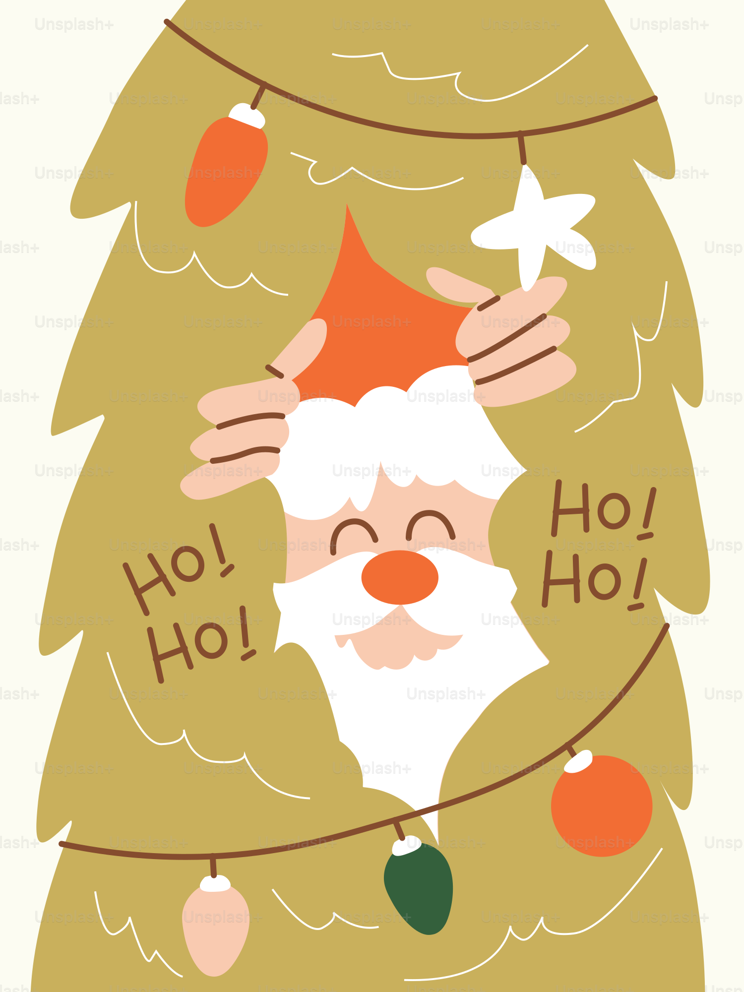 Santa claus peeking out from a christmas tree.