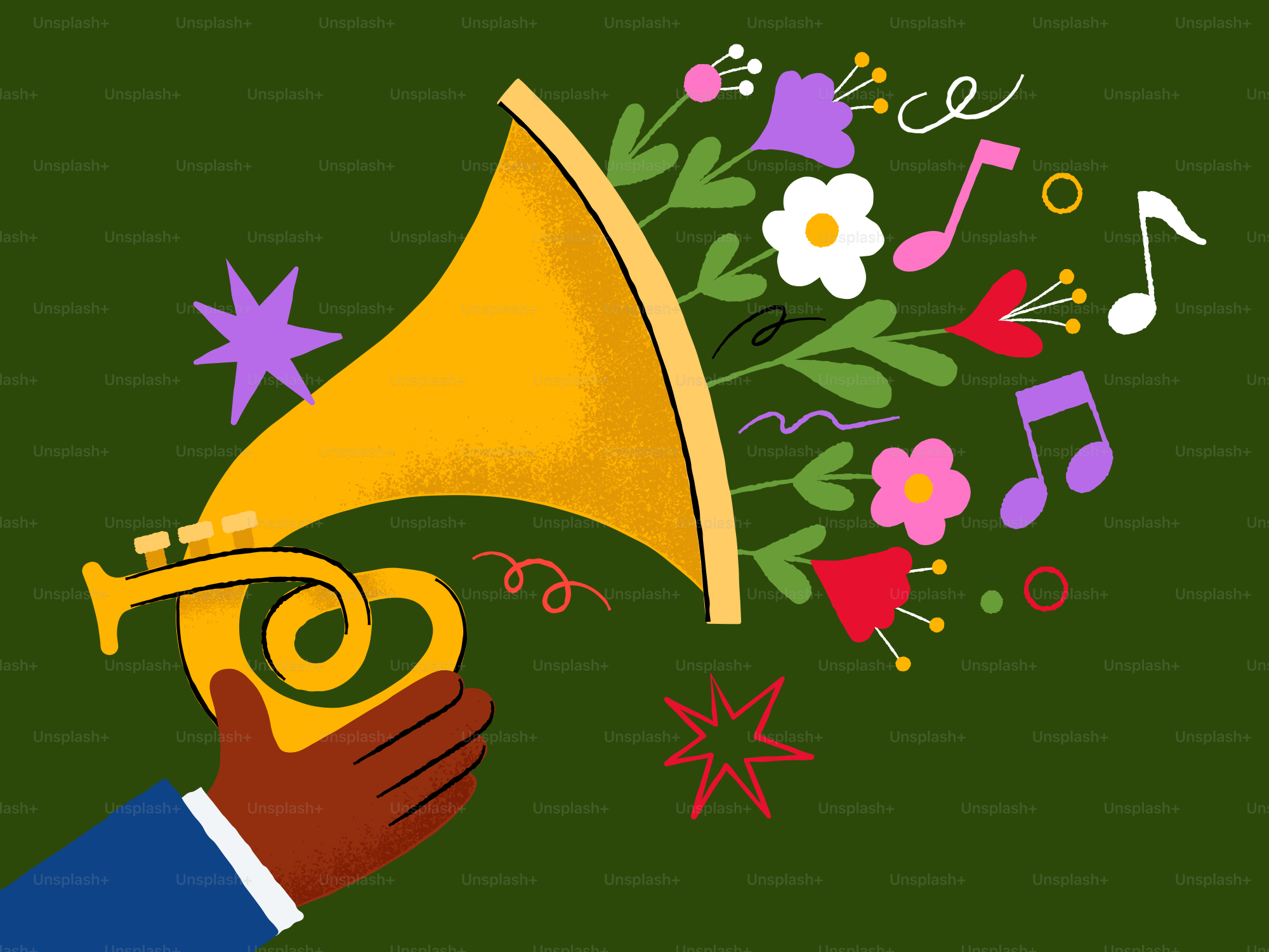 Mano che tiene una tromba dorata con fiori e note musicali.