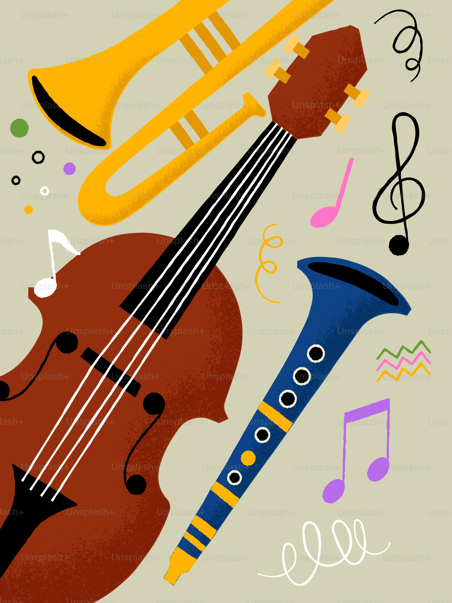 Musical instruments and notes on a beige background.