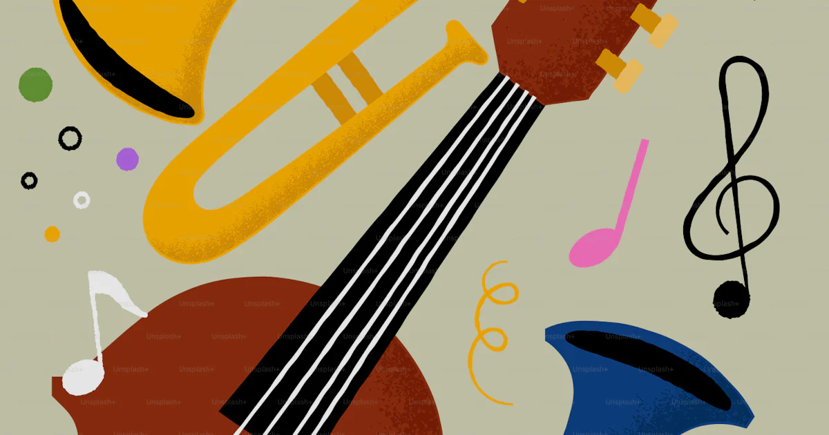 Beige Instrument Musical instruments and notes on a beige background. vector – Image on ...