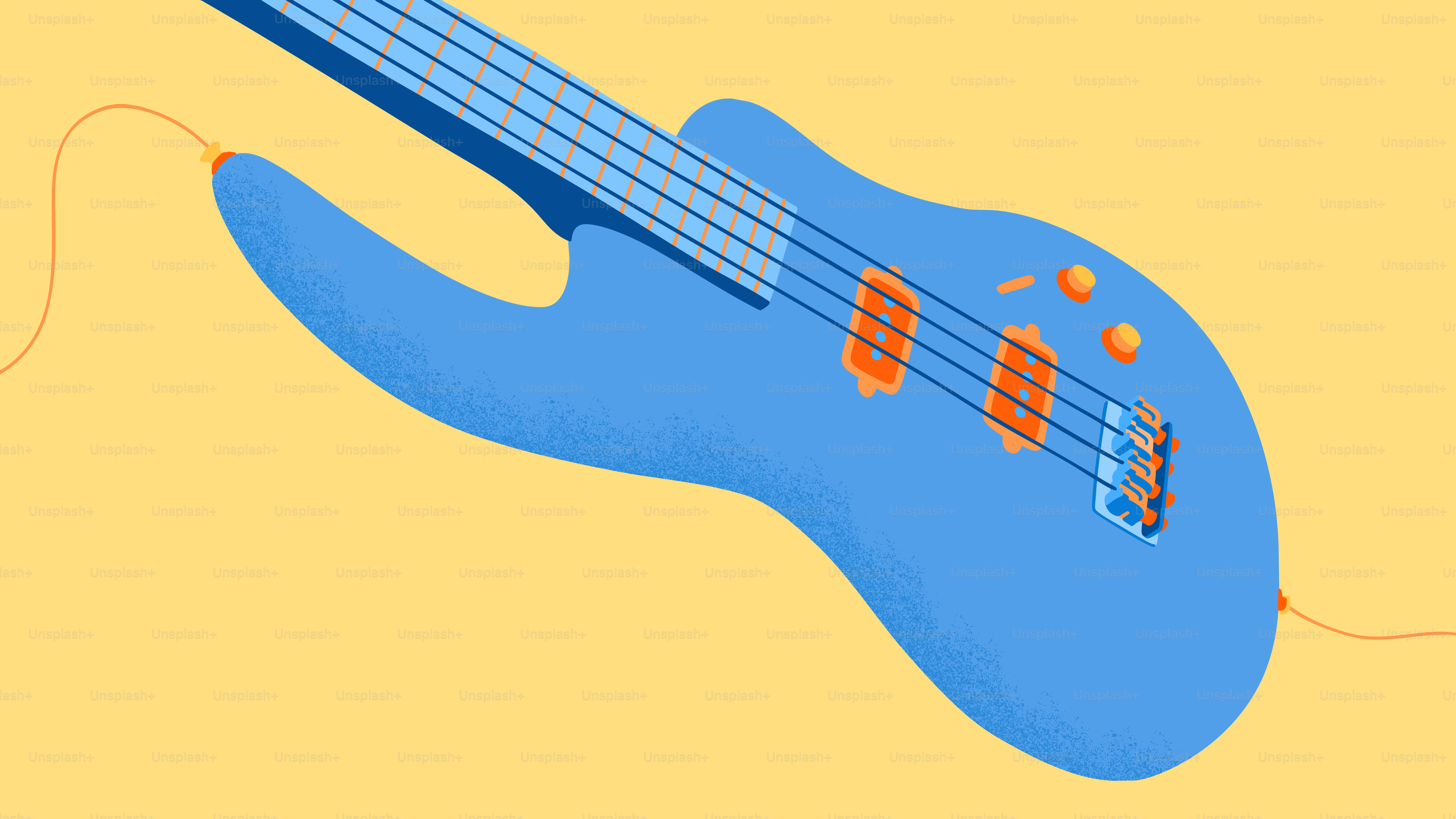 A blue electric guitar with orange accents on yellow background