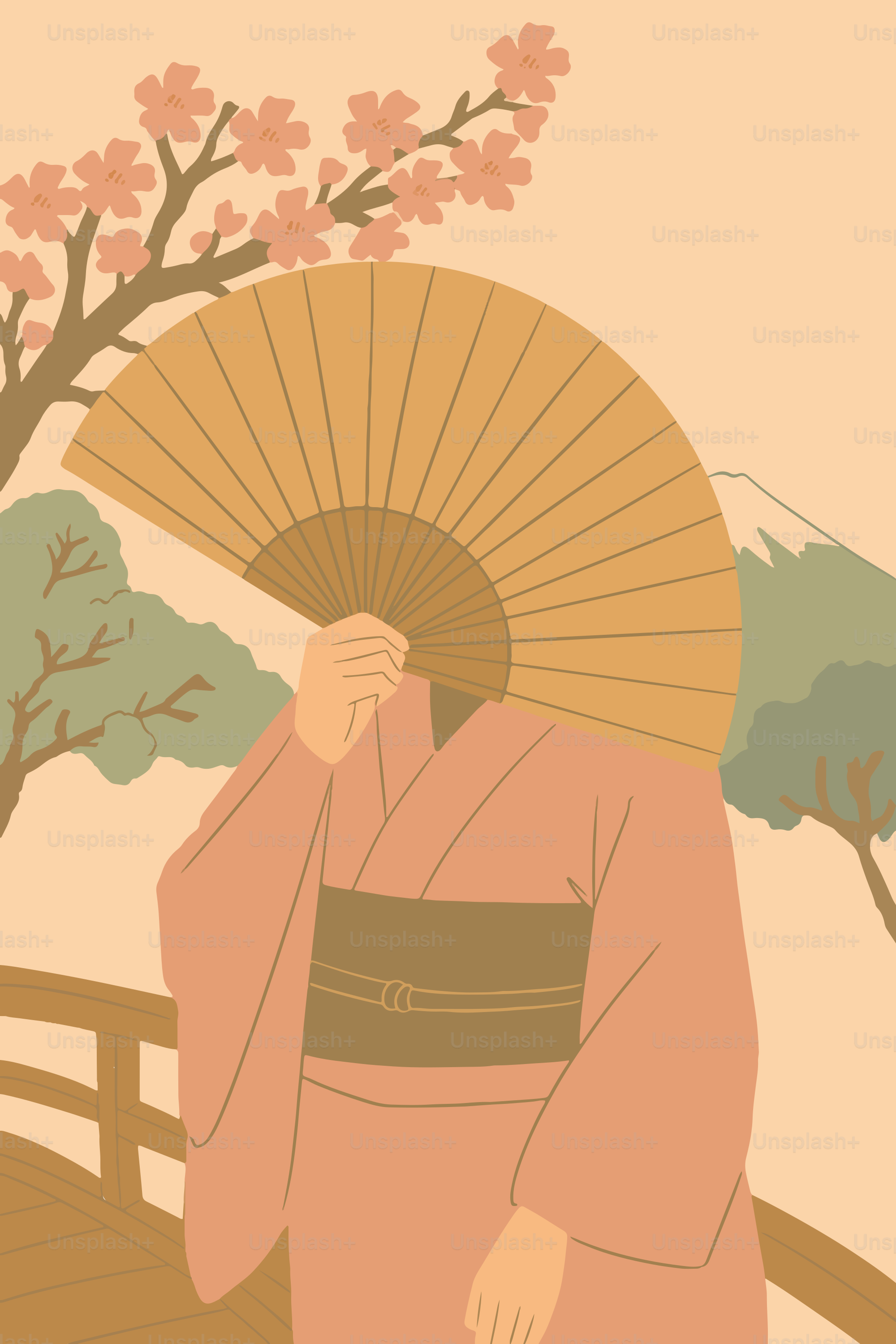 Mujer en kimono sujeta abanico, fondo del monte Fuji