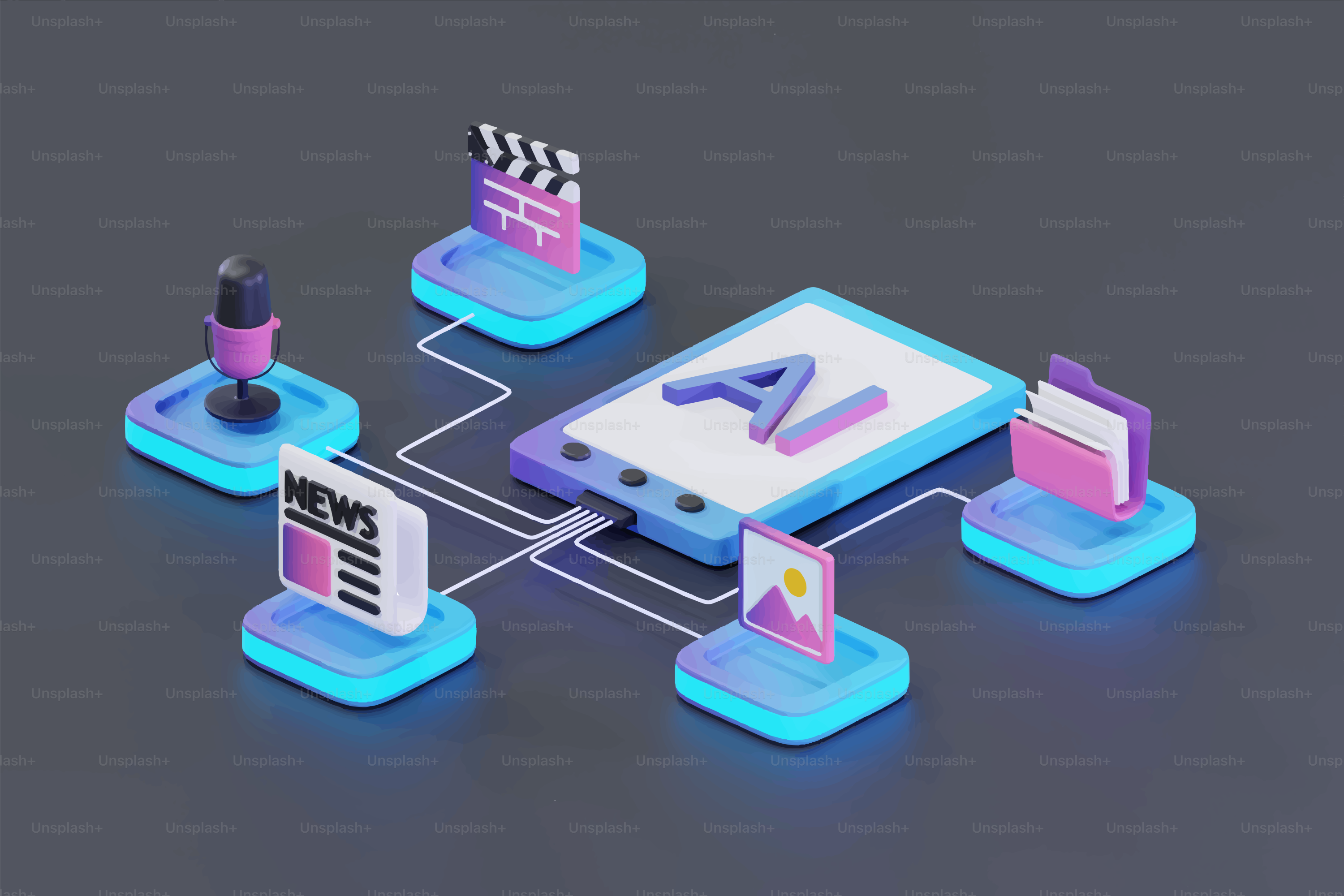 La IA se conecta a diversos medios y fuentes de datos.