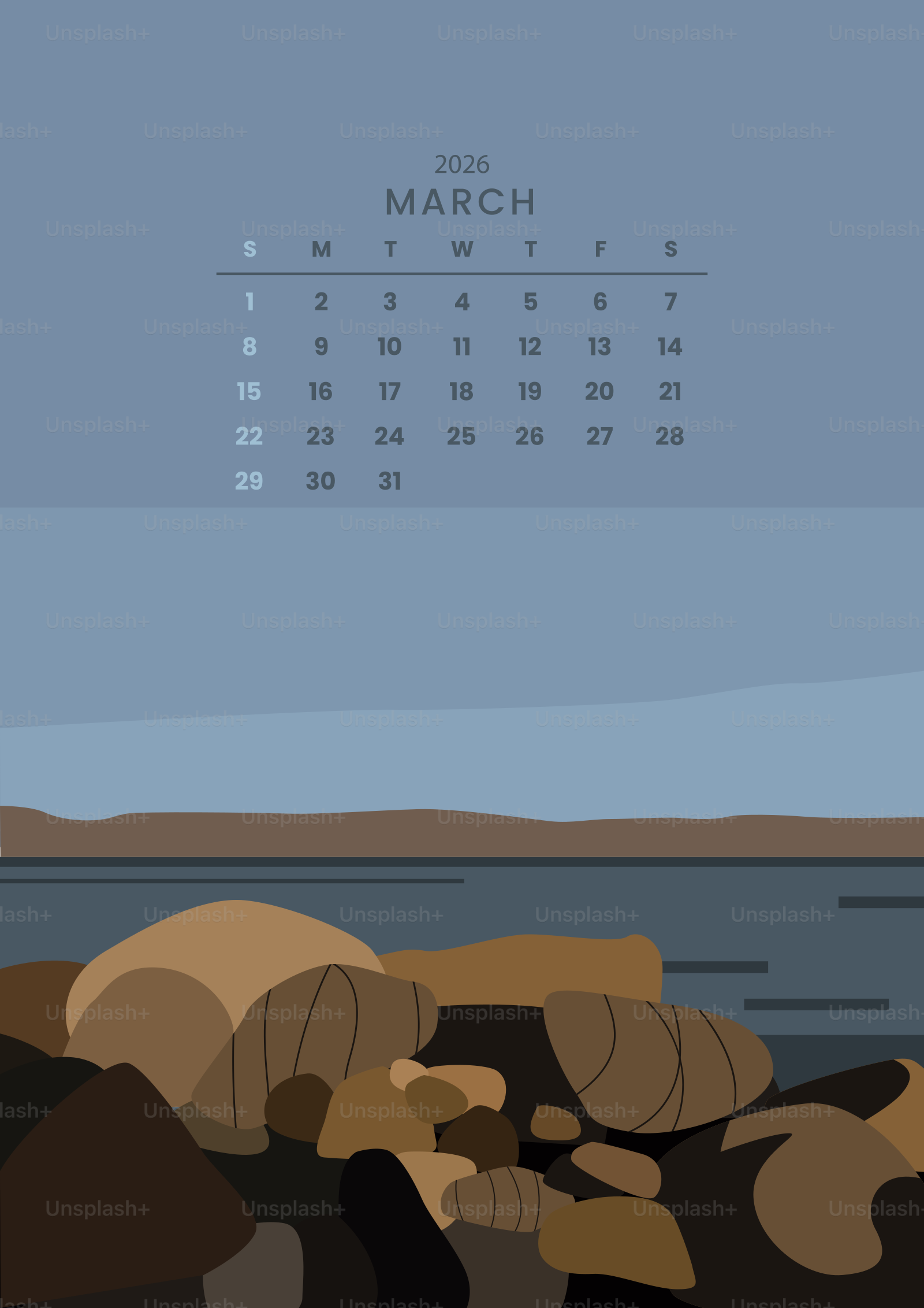 Calendar for march 2026 over rocky shore and water