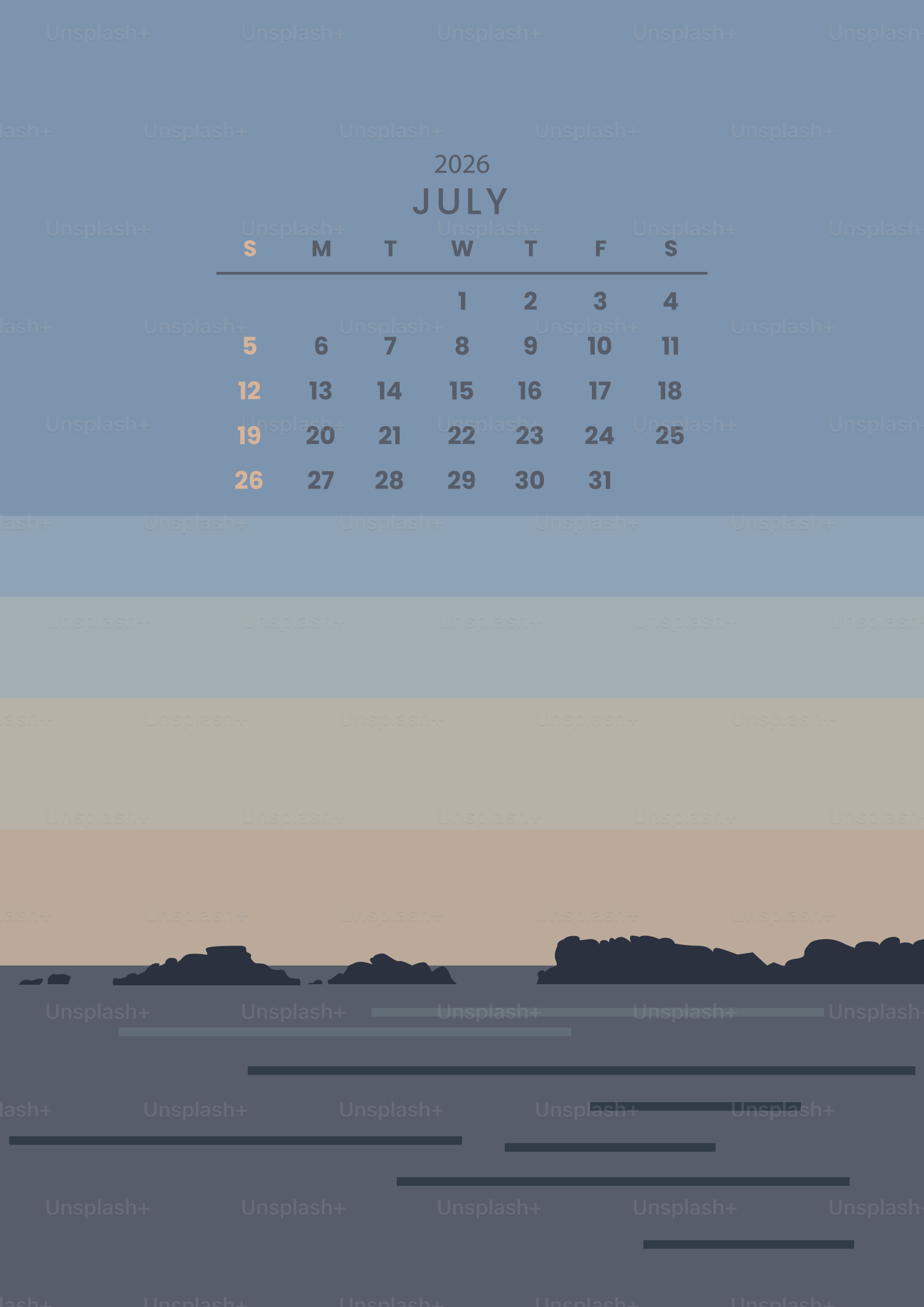 July 2026 calendar over a serene ocean landscape