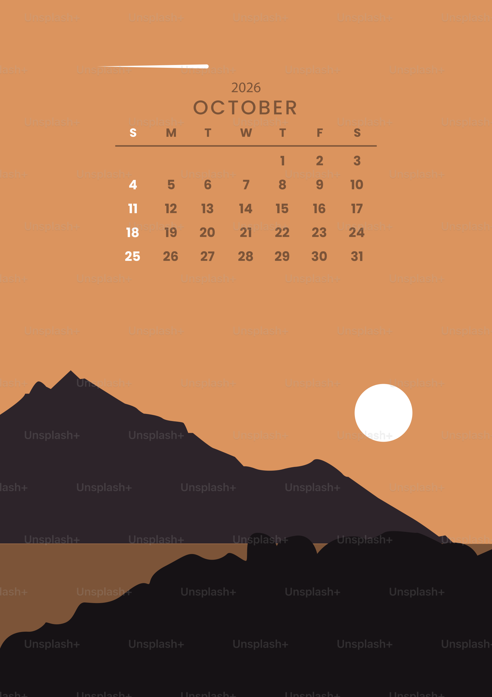 October 2026 calendar over mountain landscape