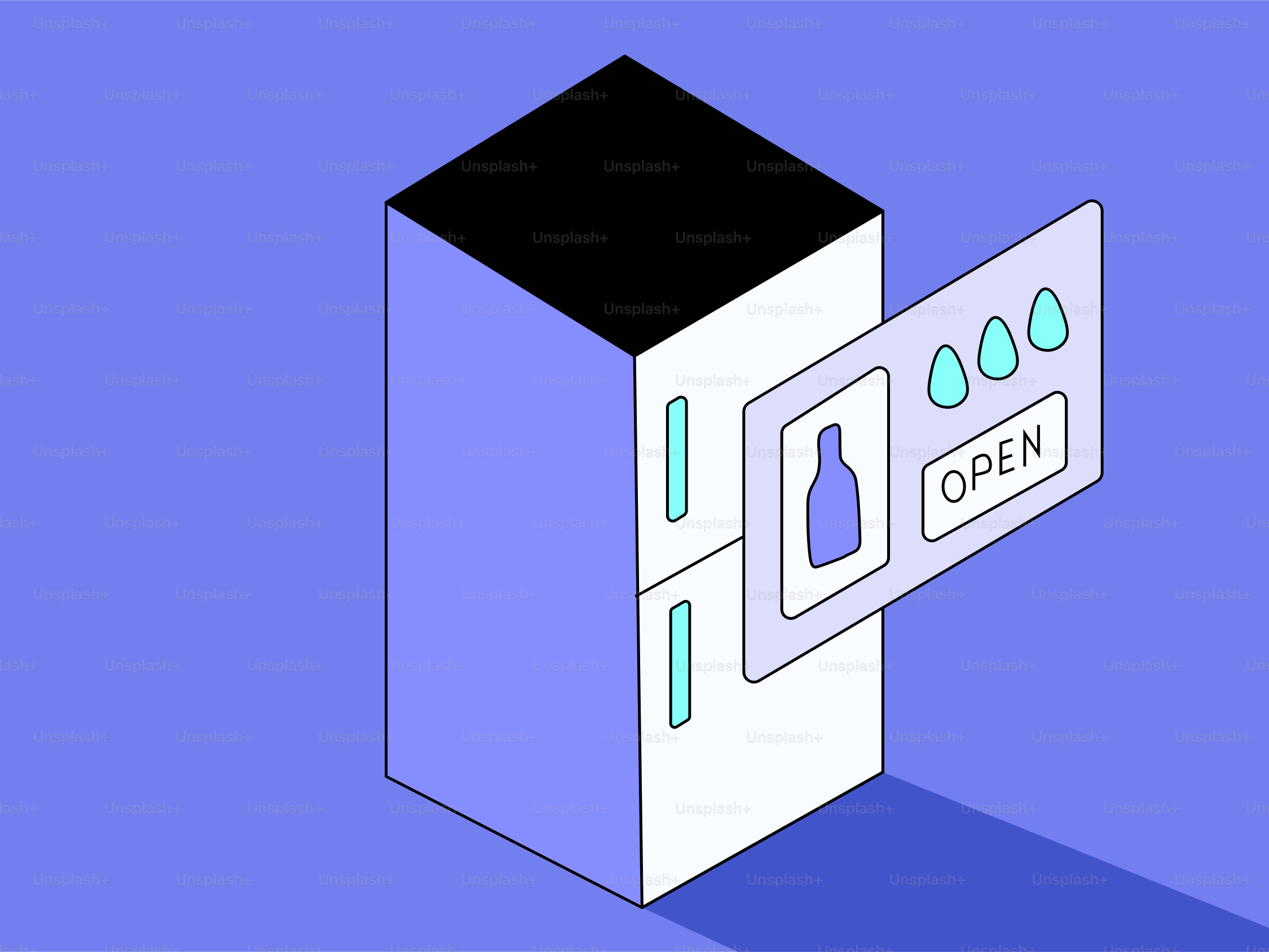 Open smart refrigerator with food icons